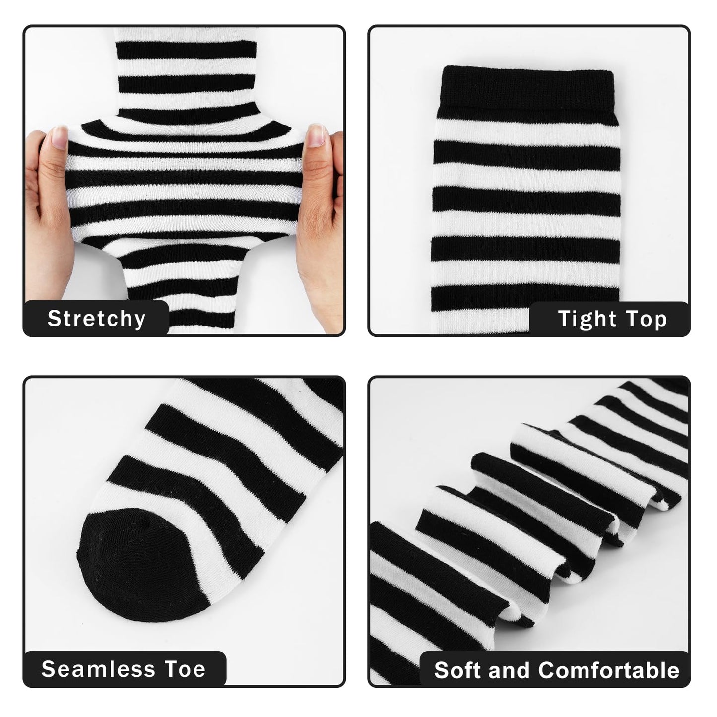 Junely Thigh High Socks and Gloves Black and White Striped Fingerless Gloves and Stockings Set Over the Knee Extra Long Christmas Cosplay Costume Accessories