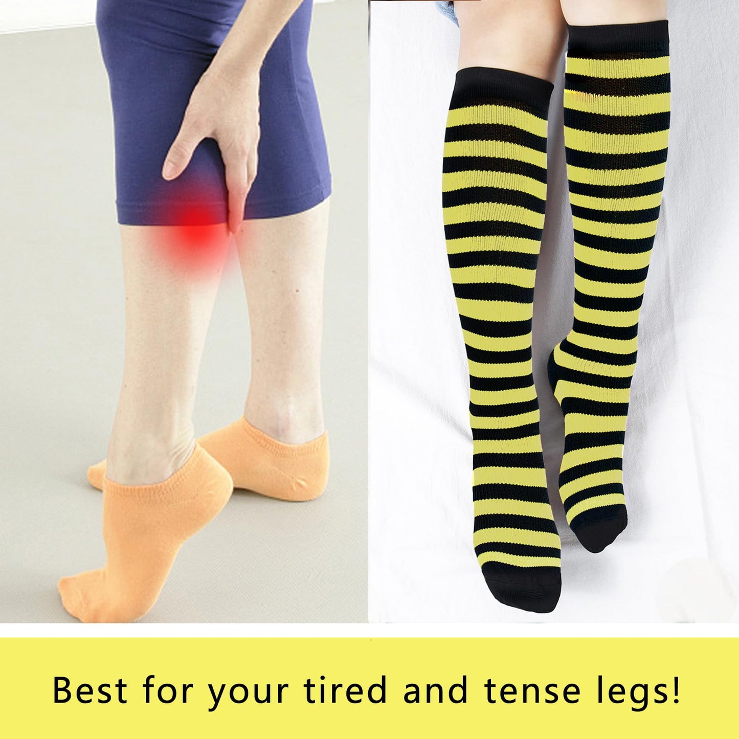 Junely Compression Socks for Women Bee Knee High Stockings for Halloween Running Athletic Nurses Pregnant Women Work Support Travel Flight Sports Gifts Black Yellow