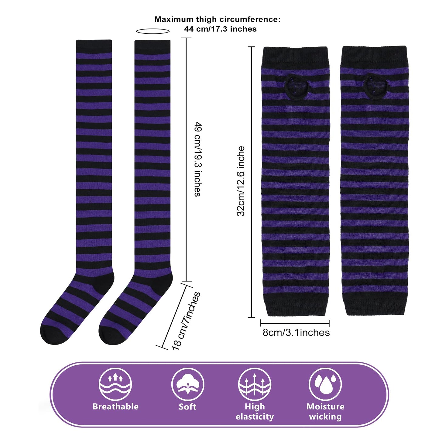 Junely Tutu for Women Adults Striped Thigh High Socks Fingerless Gloves Halloween Costumes Accessories Violet Black