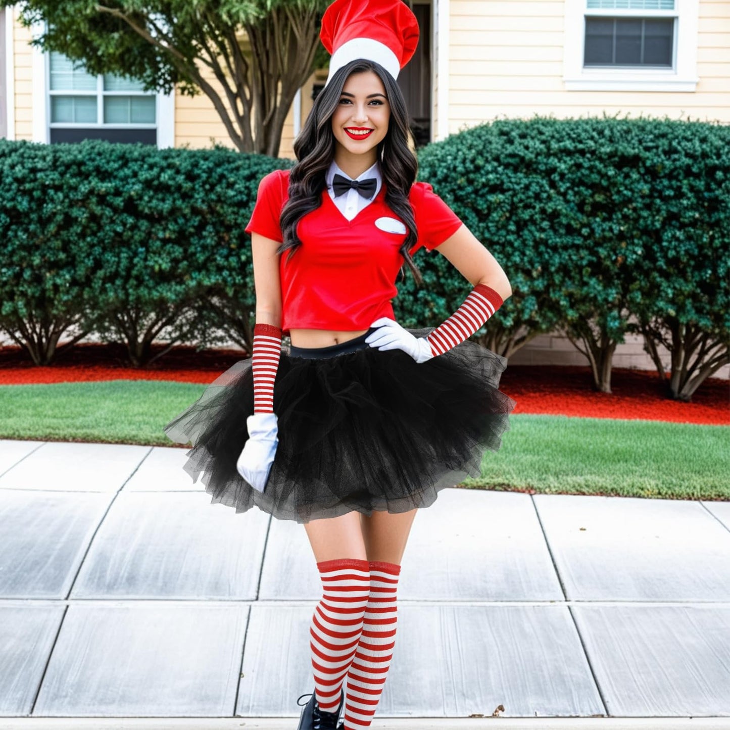 Junely Tutu for Women Adults Red and White Striped Thigh High Socks Fingerless Gloves Halloween Costumes Accessories
