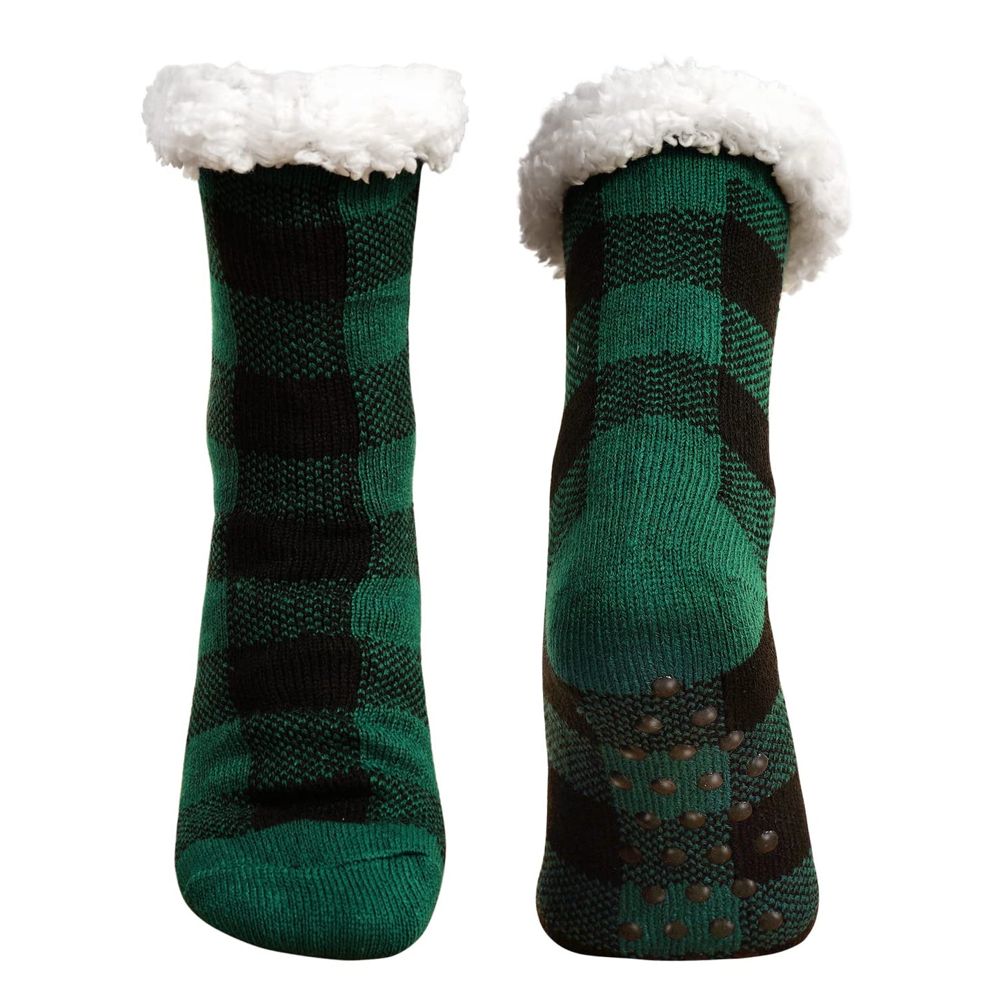 Junely Christmas Slipper Socks with Grippers for Women Non Slip Fuzzy Fluffy Cozy Warm Soft Comfy Thick Fleece Cabin Socks Green Buffalo Plaid