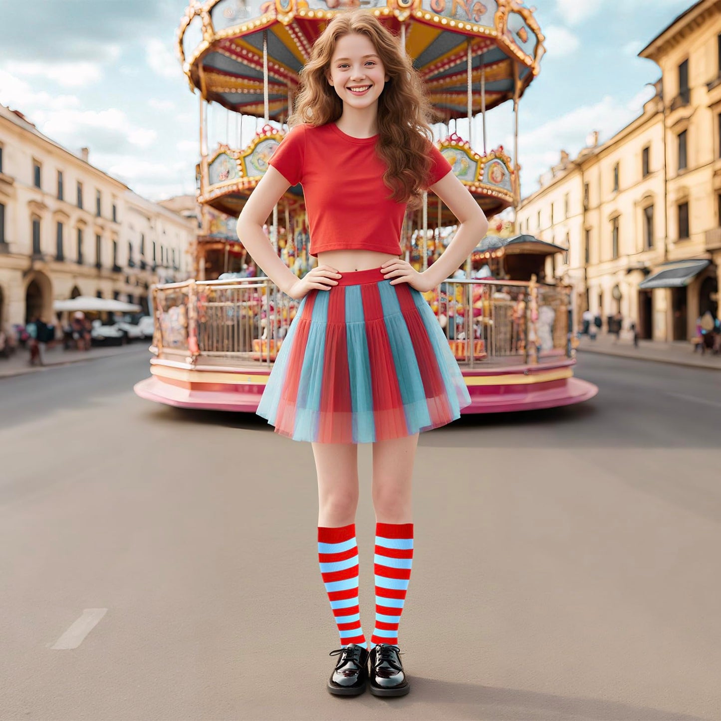 Junely Compression Socks for Women Striped Knee High Stockings for Halloween Running Athletic Nurses Pregnant Women Work Support Travel Flight Sports Gifts Red and Blue