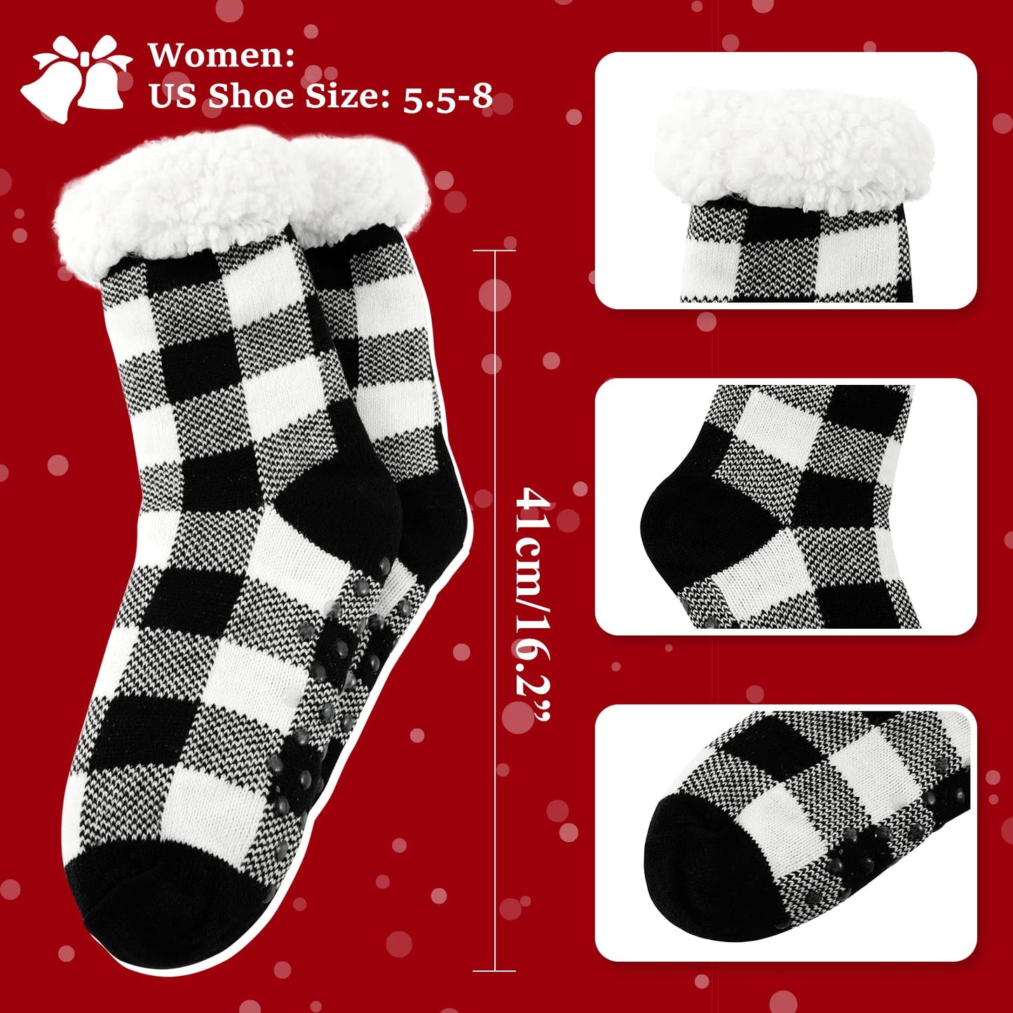 Junely Christmas Slipper Socks with Grippers for Women Non Slip Fuzzy Fluffy Cozy Warm Soft Comfy Thick Fleece Cabin Socks Black and White Buffalo Plaid