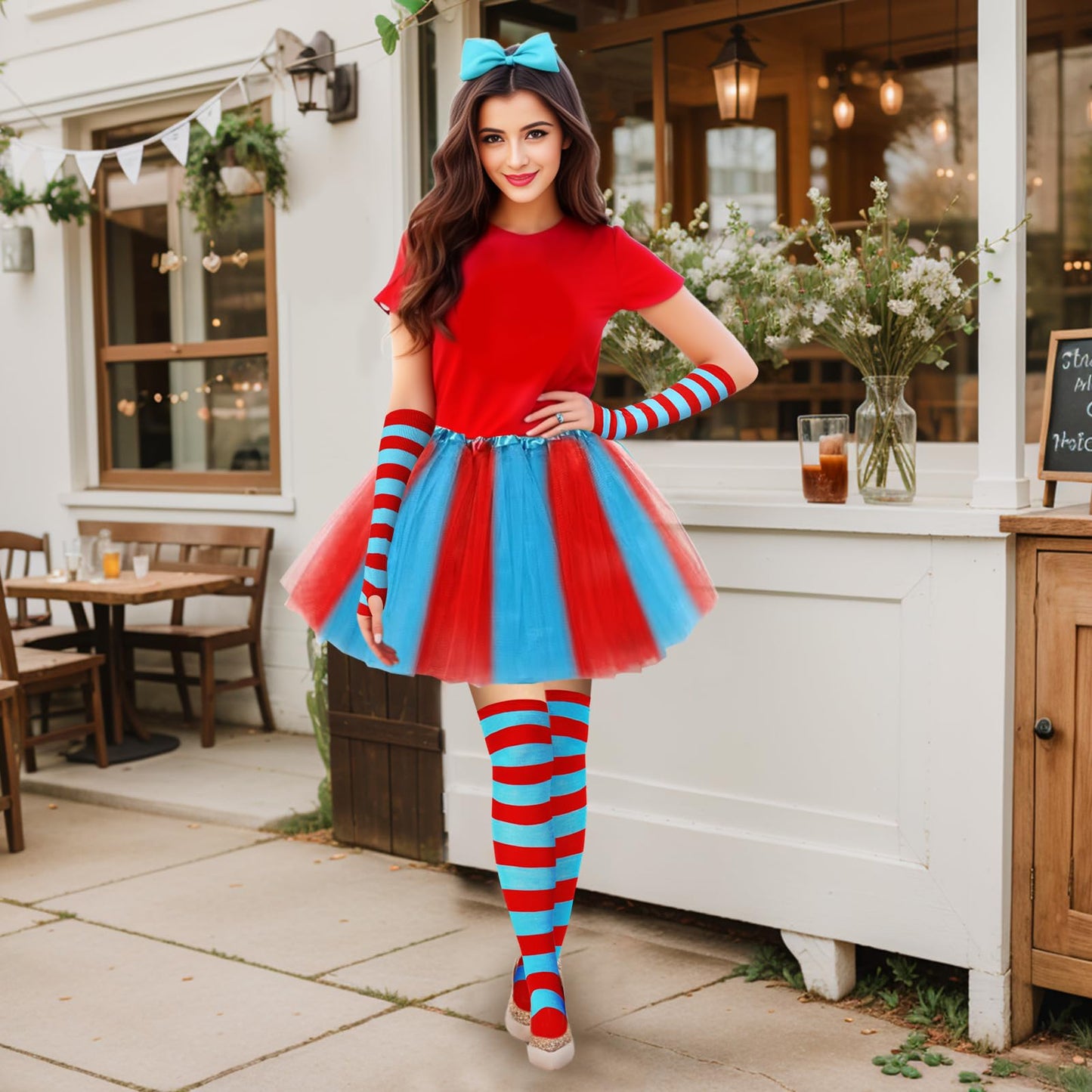 Junely Red and Blue Striped Thigh High Socks Over the Knee Stockings Extra Long Gifts Halloween Cosplay Costumes Accessories Gifts