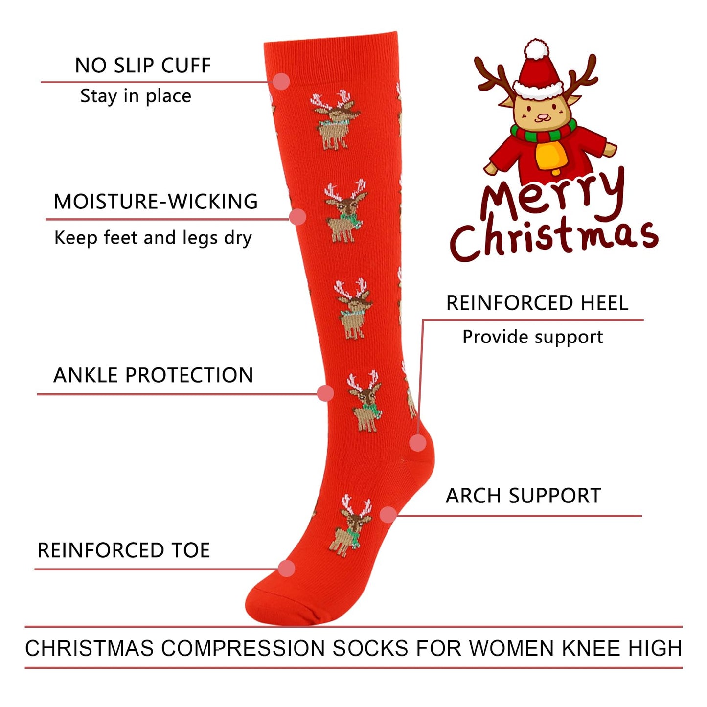 Junely Christmas Compression Socks for Women Knee High Reindeer Socks for Running Athletic Nurses Pregnant Women Work Support Travel Flight Sports Gifts Red