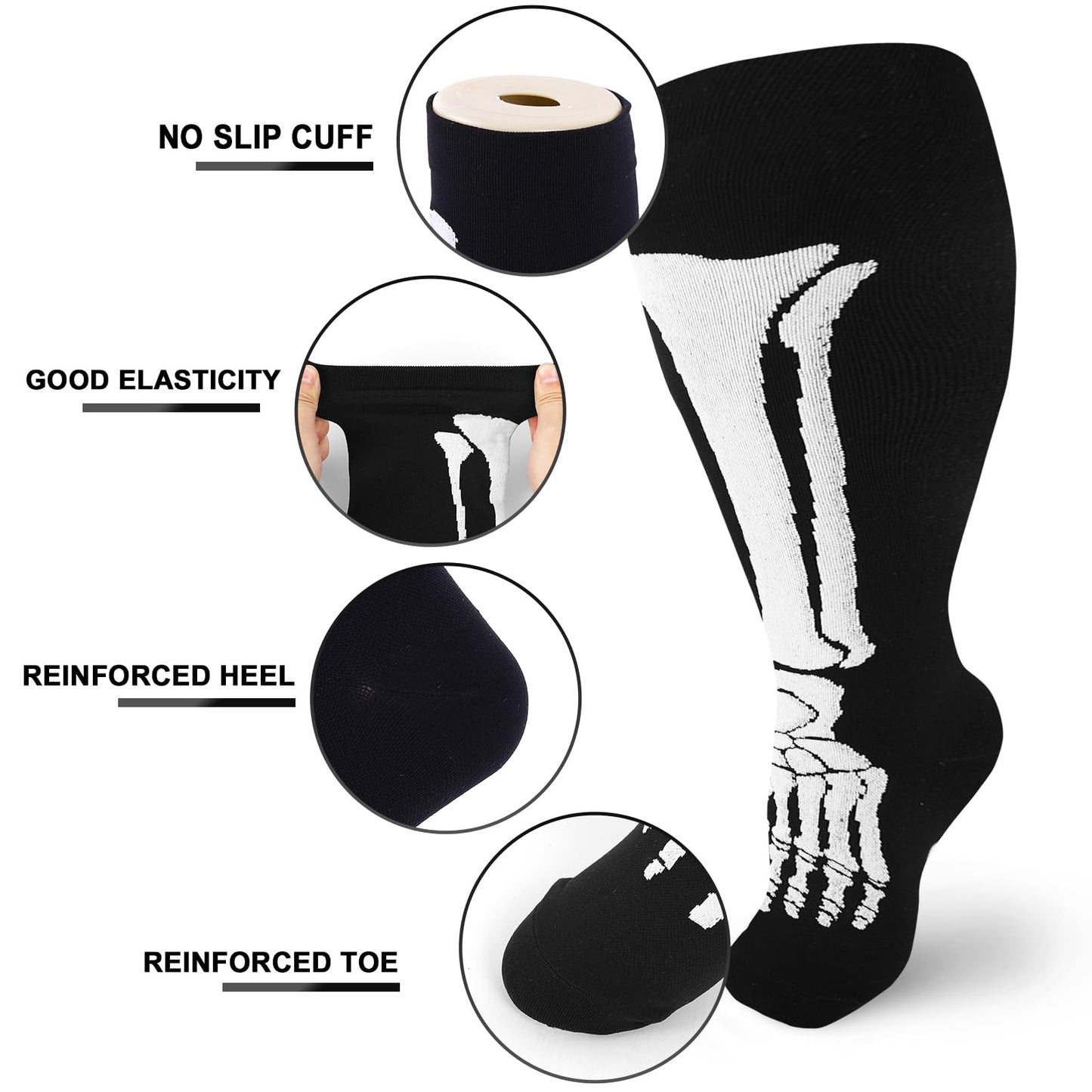 Junely Compression Socks for Women Wide Calf Knee High Skeleton Stockings for Halloween Running Athletic Nurses Pregnant Women Work Support Travel Flight Sports Gifts Black