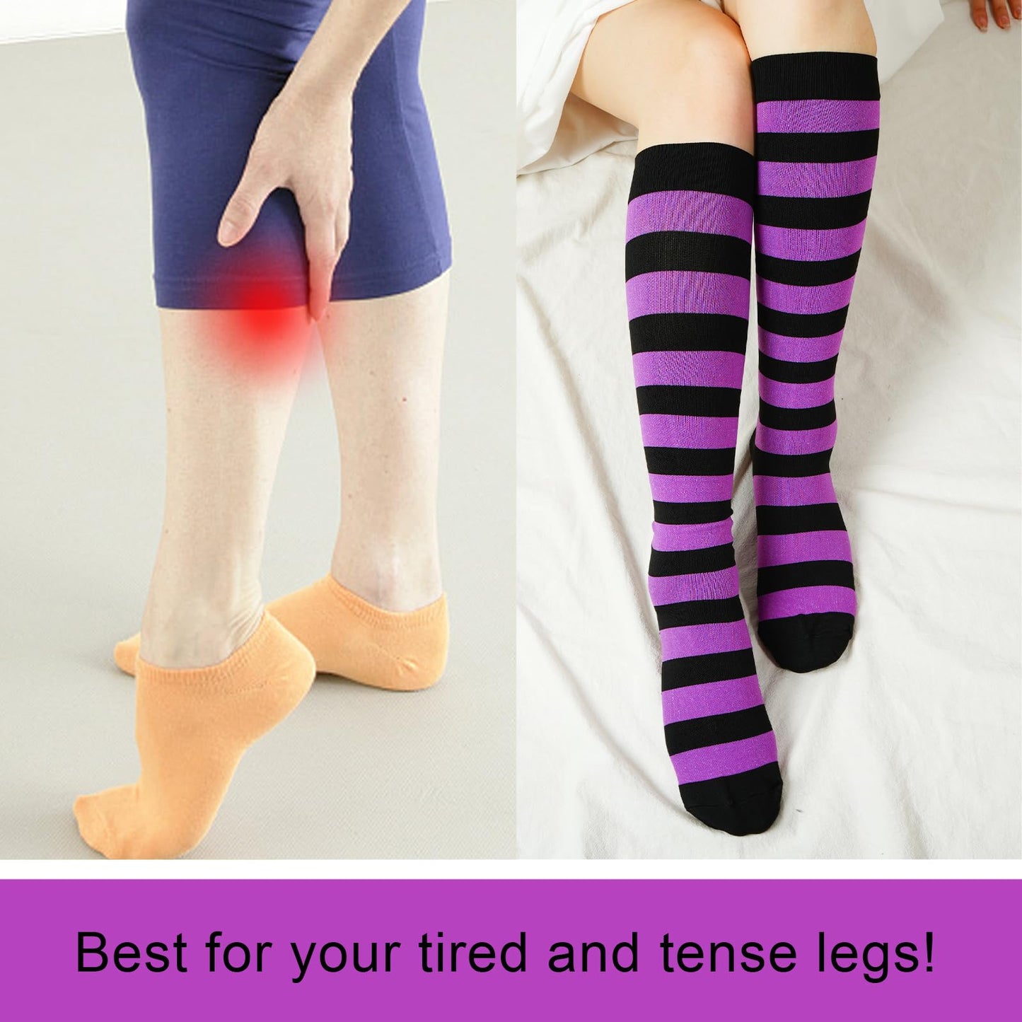 Junely Compression Socks for Women Striped Knee High Stockings for Halloween Running Athletic Nurses Pregnant Women Work Support Travel Flight Sports Gifts Black