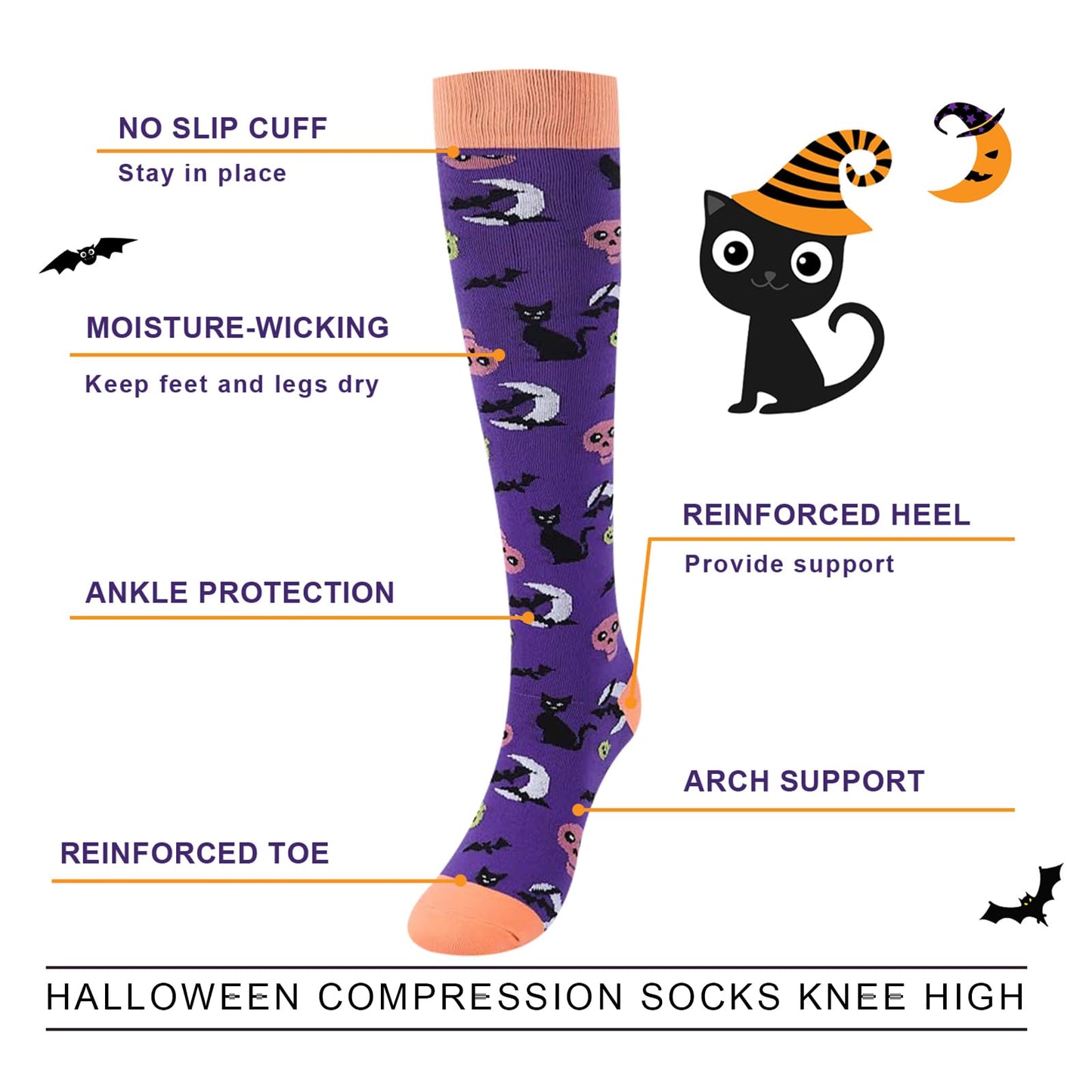 Junely Halloween Compression Socks for Women 20-30 mmhg Knee High Socks for Running Athletic Nurses Pregnant Women Work Support Travel Flight Sports Gifts Purple