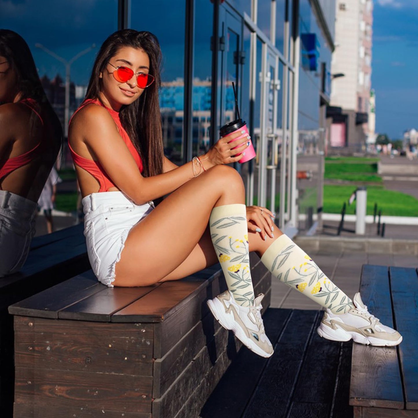 Junely Compression Socks for Women Floral Knee High Stockings for Running Nurses Support Travel Pregnancy Gifts Purple White