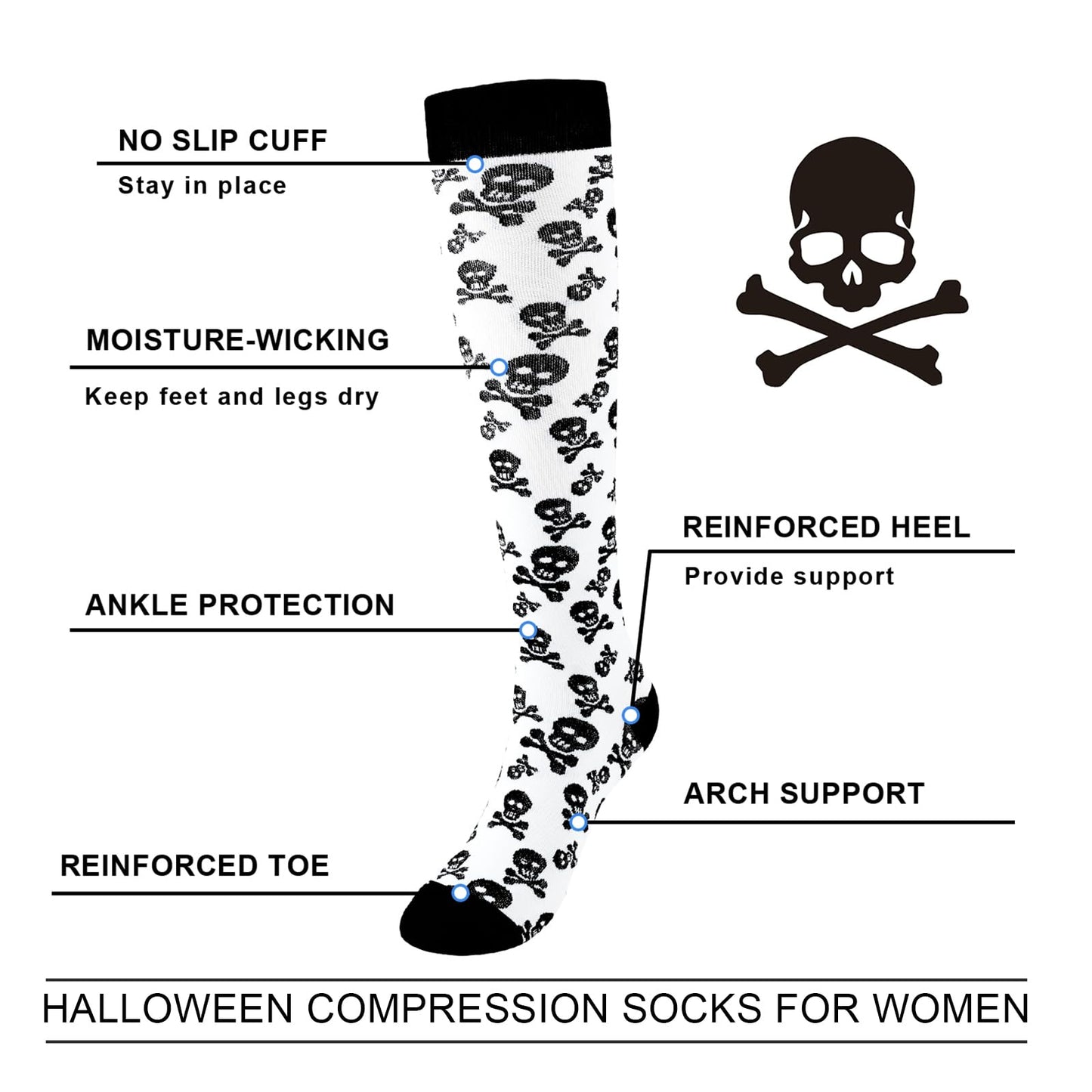Junely Compression Socks for Women 20-30 mmhg Knee High Skull Socks for Halloween Running Athletic Nurses Pregnant Women Work Support Travel Flight Sports Gifts White