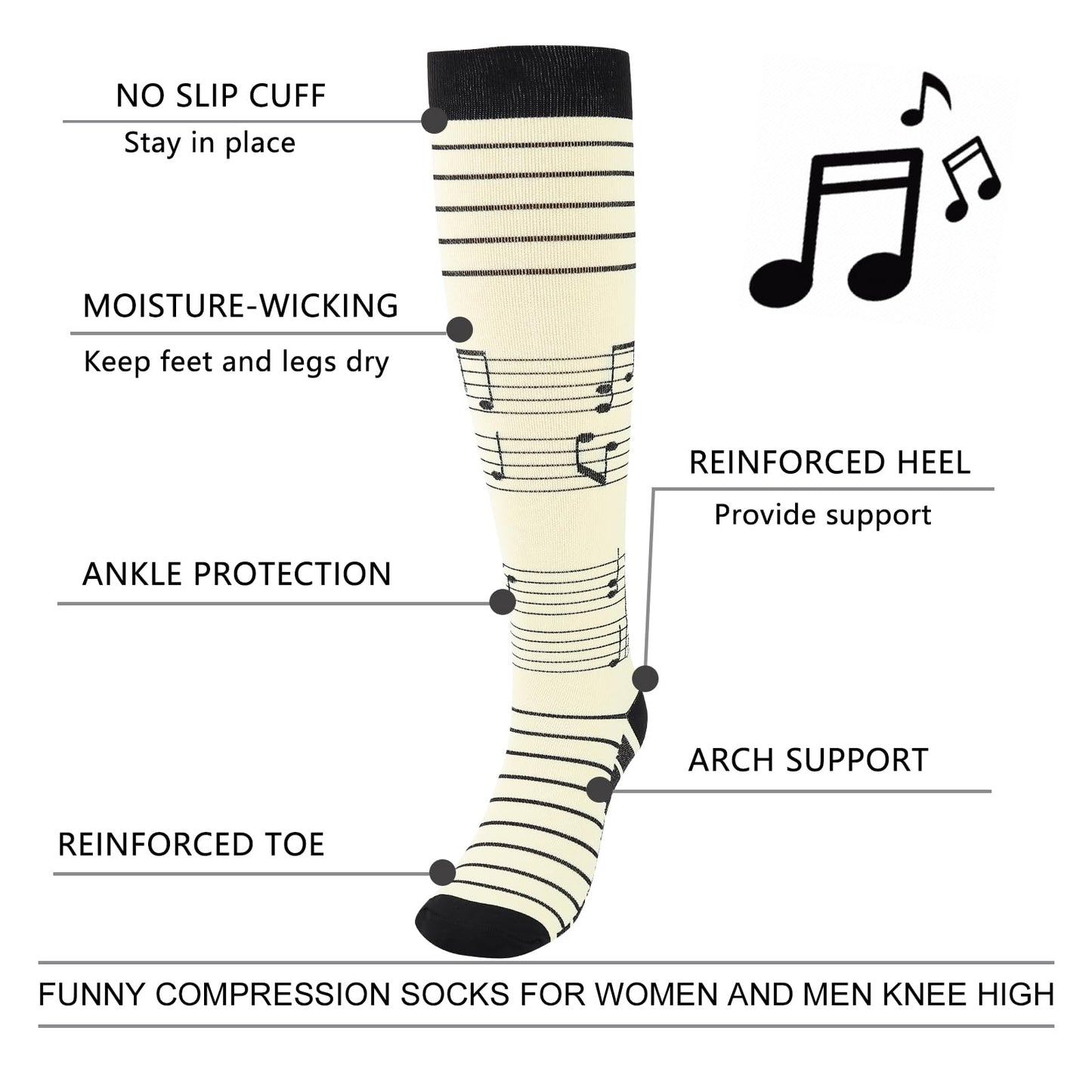 Junely Compression Socks for Women 20-30 mmhg Music Knee High Socks for Halloween Running Athletic Nurses Pregnant Women Work Support Travel Flight Sports Gifts White