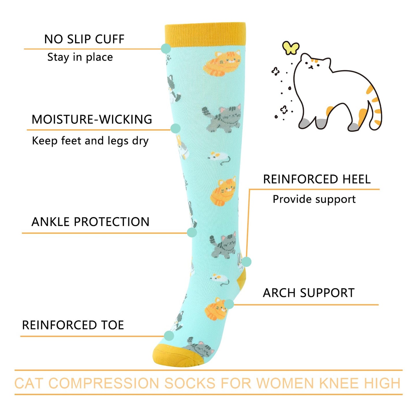 Junely Compression Socks for Women Cat Knee High Stockings for Running Athletic Nurses Pregnant Women Work Support Travel Flight Sports Gifts Green