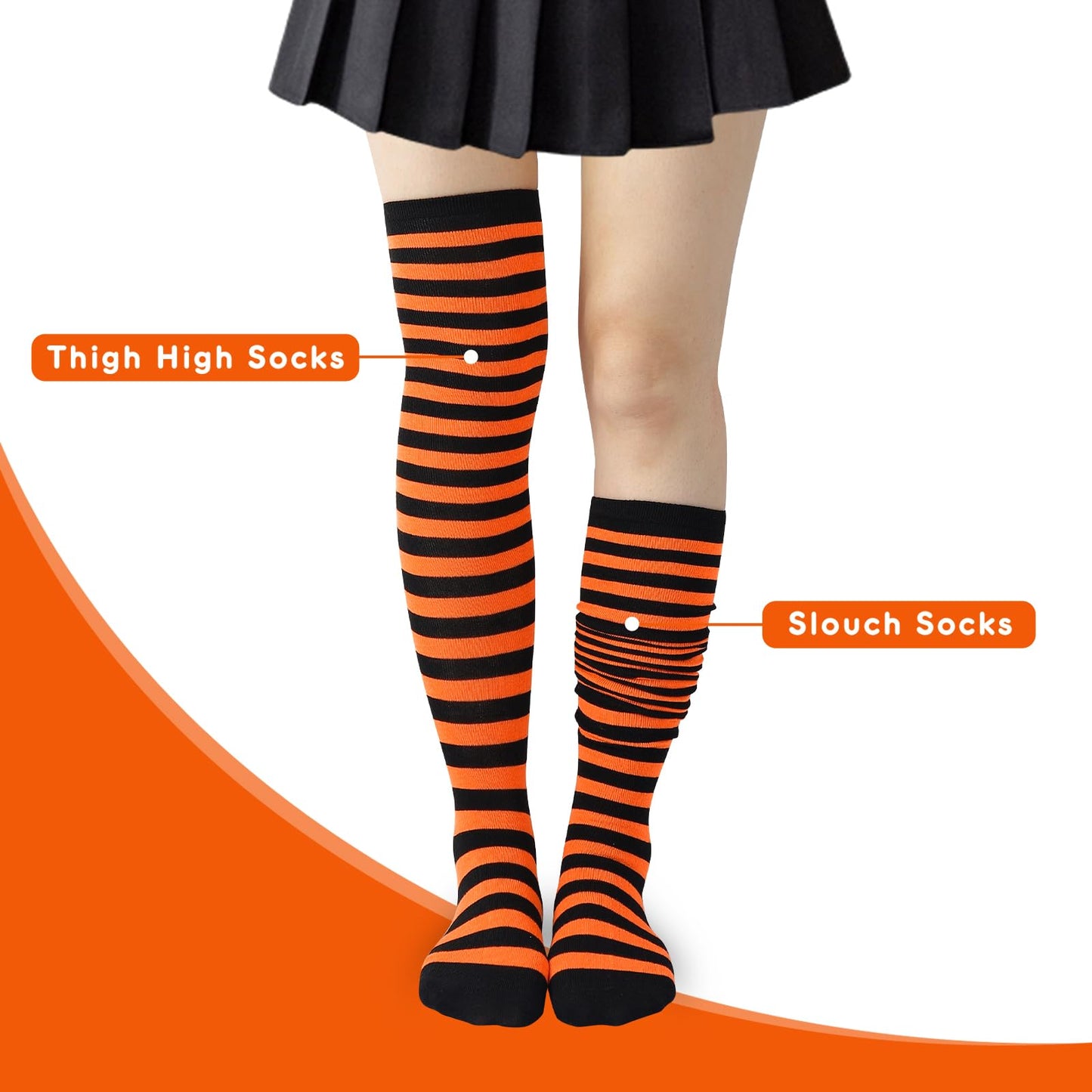 Junely Striped Thigh High Socks Over the Knee Stockings Extra Long Halloween Cosplay Costume Accessories Gifts Orange and Black