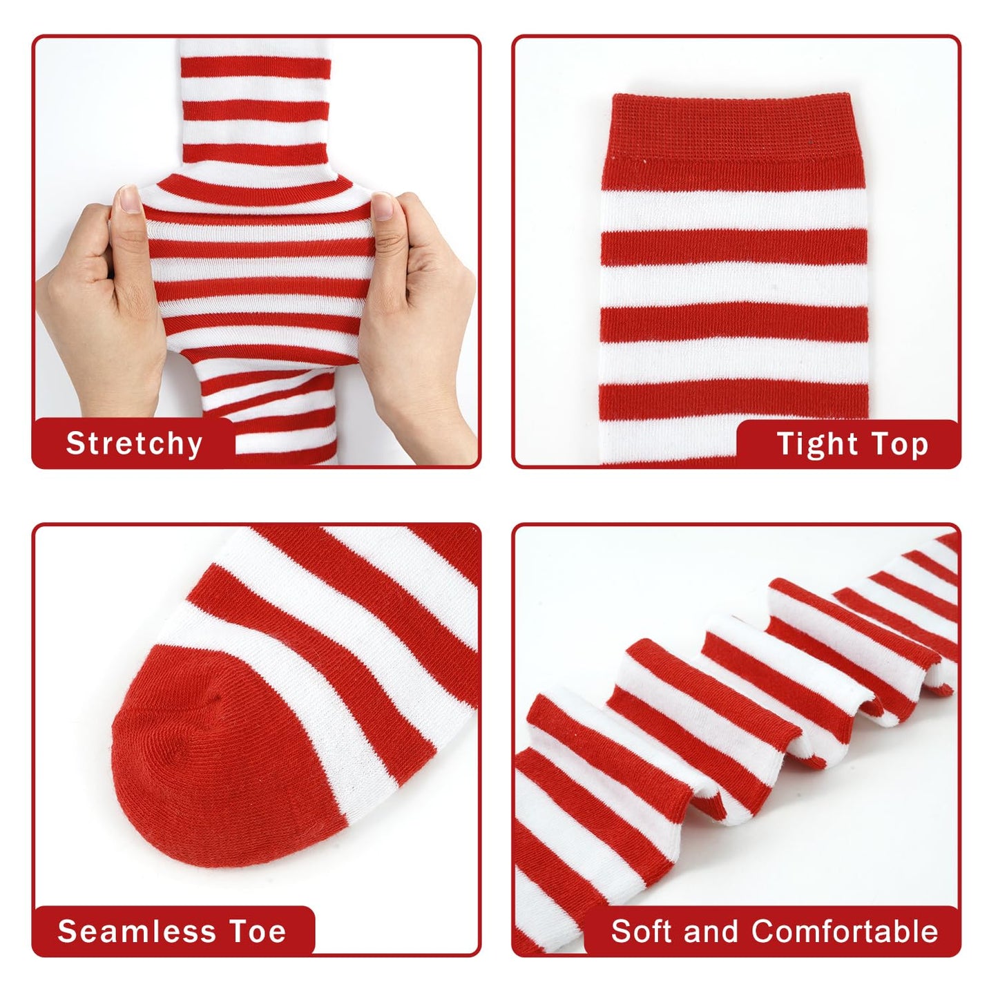 Junely Thigh High Socks and Gloves Red and White Striped Fingerless Gloves and Stockings Set Over the Knee Extra Long Halloween Christmas Cosplay Costume Accessories
