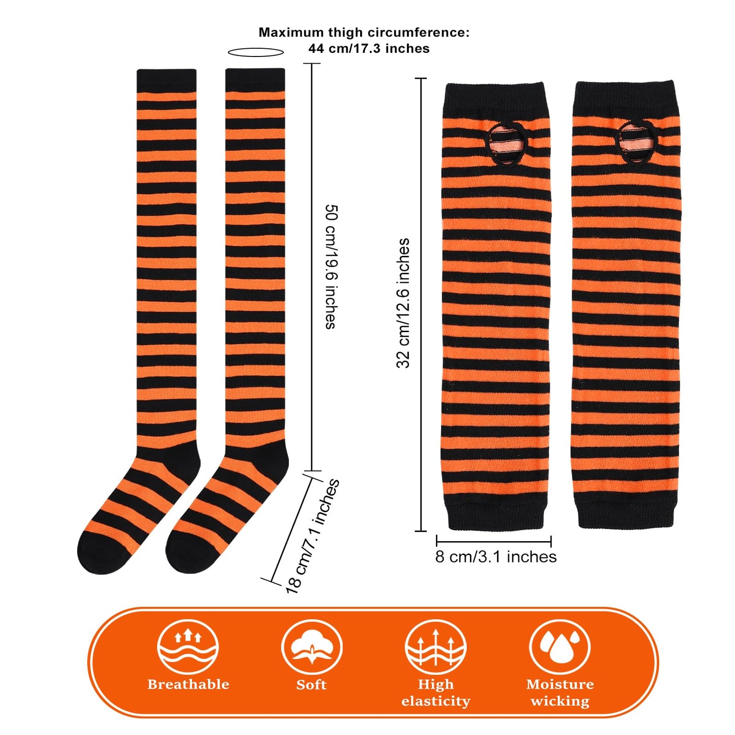 Junely Striped Thigh High Socks Over the Knee Stockings Extra Long Halloween Cosplay Costume Accessories Gifts Orange and Black