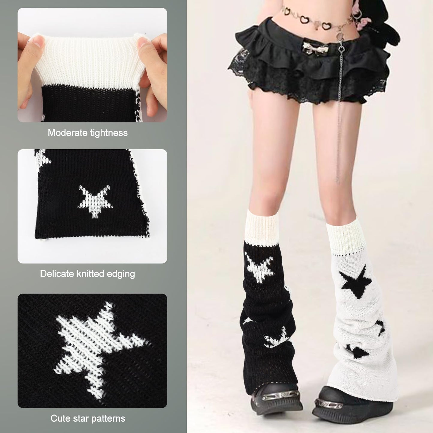 Junely Leg Warmers for Women Winter Kawaii Leg Warmer Cute Star Legwarmers Japanese Socks Halloween Goth Emo Lolita Gyaru Gothic Harajuku Accessories Black White