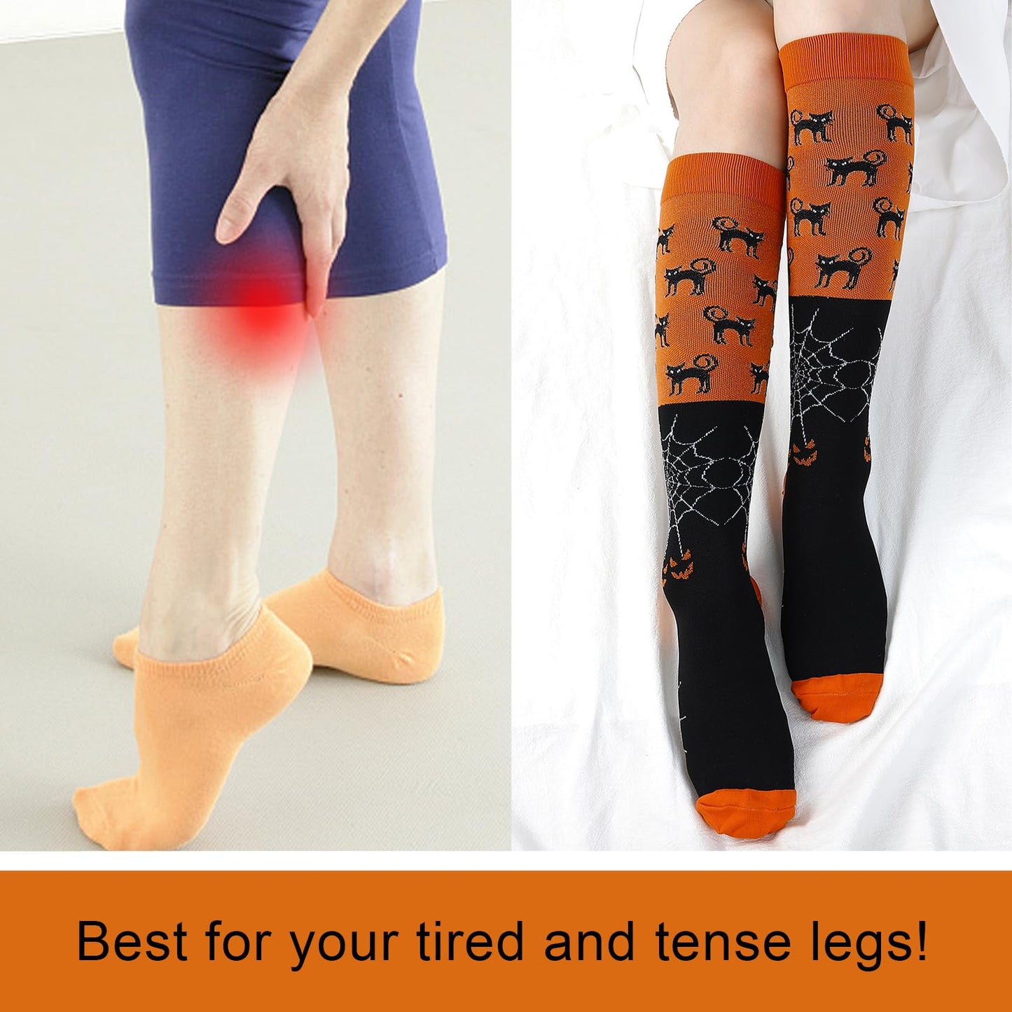 Junely Halloween Compression Socks for Women Knee High Cat Socks for Running Athletic Nurses Pregnant Women Work Support Travel Flight Sports Gifts Orange