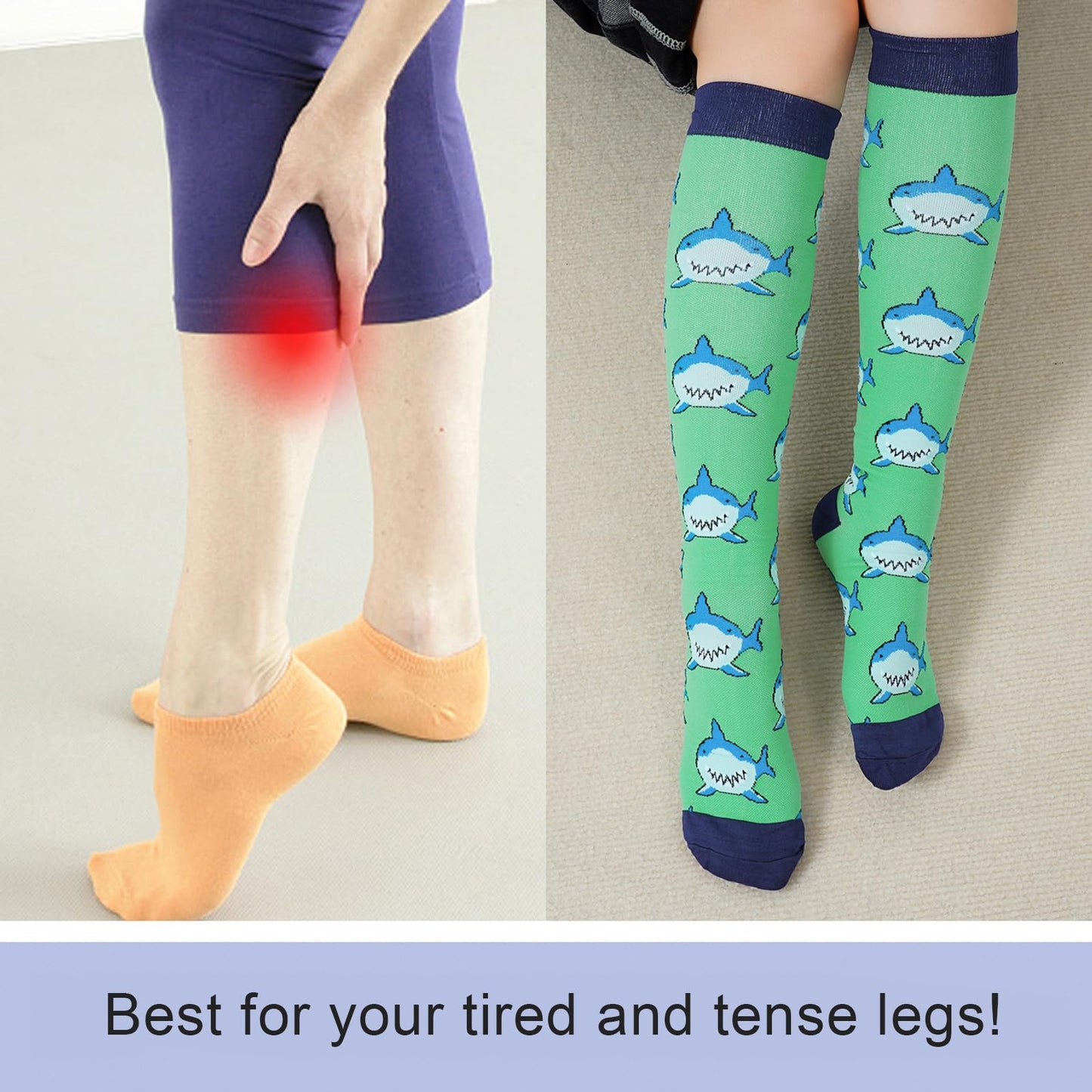 Junely Compression Socks for Women 20-30 mmhg Shark Knee High Stockings for Running Athletic Nurses Pregnant Women Work Support Travel Flight Sports Shark Gifts Green