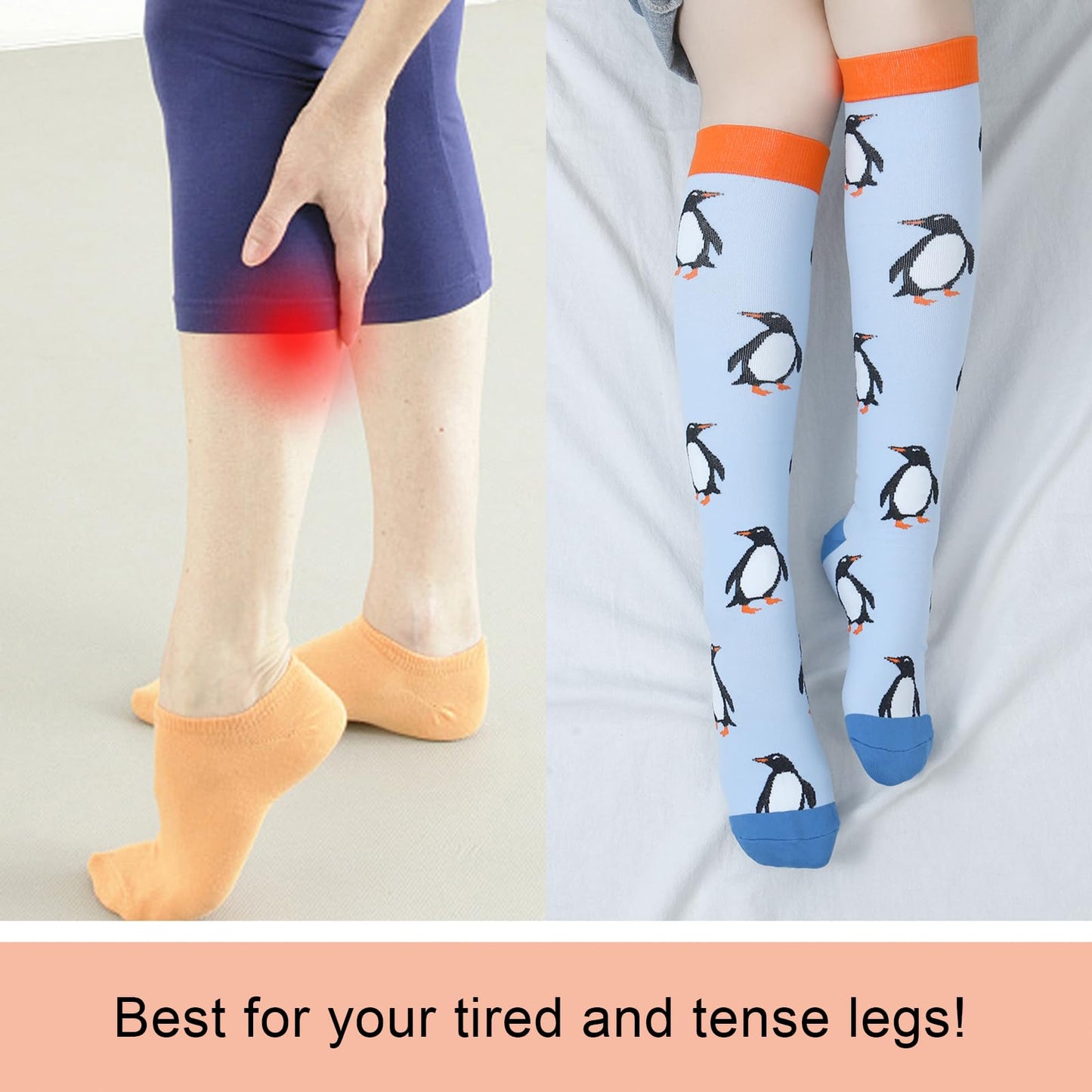 Junely Compression Socks for Women 20-30 mmhg Penguin Knee High Stockings for Running Athletic Nurses Pregnant Women Work Support Travel Flight Sports Penguin Gifts Blue