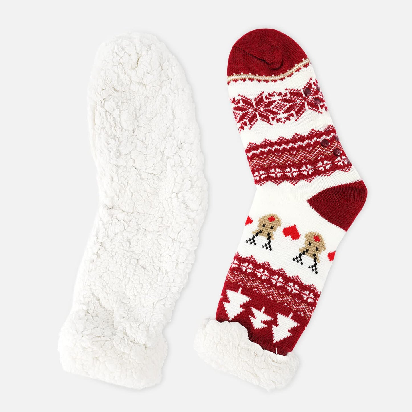 Junely Christmas Slipper Socks with Grippers for Women Non Slip Fuzzy Fluffy Cozy Warm Soft Comfy Thick Fleece Cabin Socks Reindeer Snowflake Red