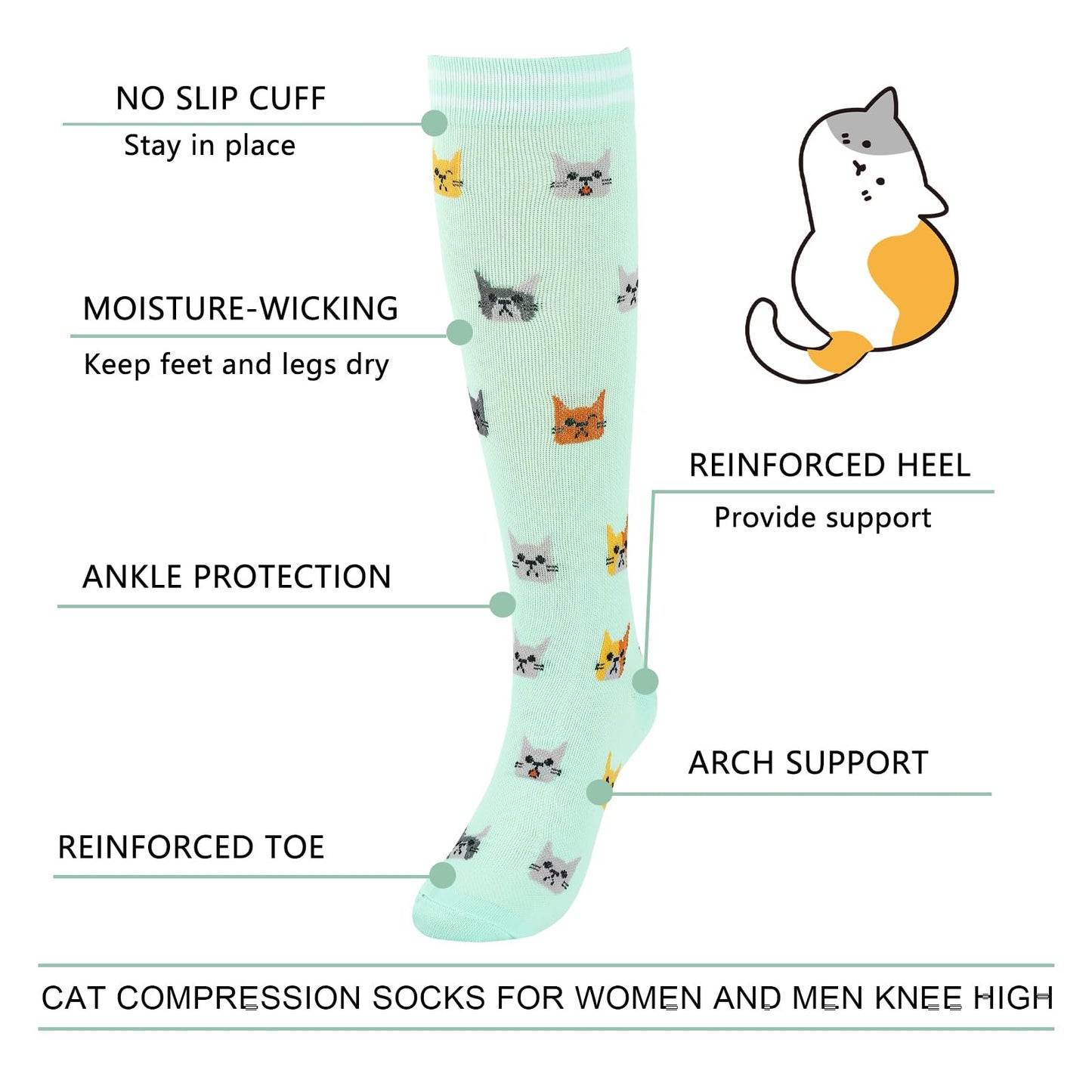 Junely Compression Socks for Women 20-30 mmhg Cat Knee High Stockings for Running Athletic Nurses Pregnant Women Work Support Travel Flight Sports Cat Gifts Blue