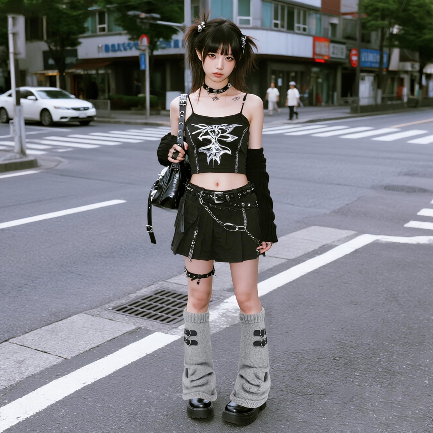 Junely Leg Warmers for Women Winter Kawaii Leg Warmer Cute Legwarmers with Adjustable Belt Buckle Japanese Socks Goth Emo Lolita Gyaru Gothic Harajuku Accessories Black Grey