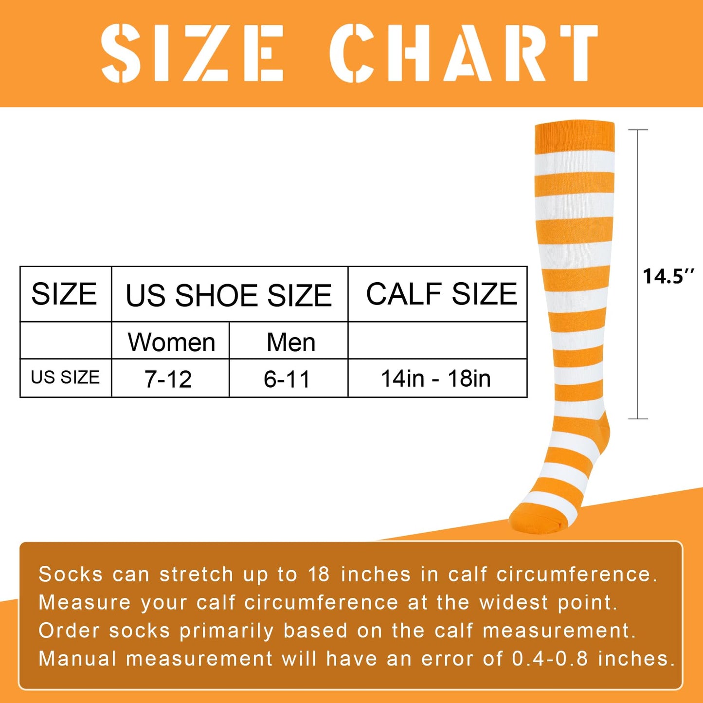Junely Compression Socks for Women Striped Knee High Stockings for Halloween Running Athletic Nurses Pregnant Women Work Support Travel Flight Sports Gifts Orange and White