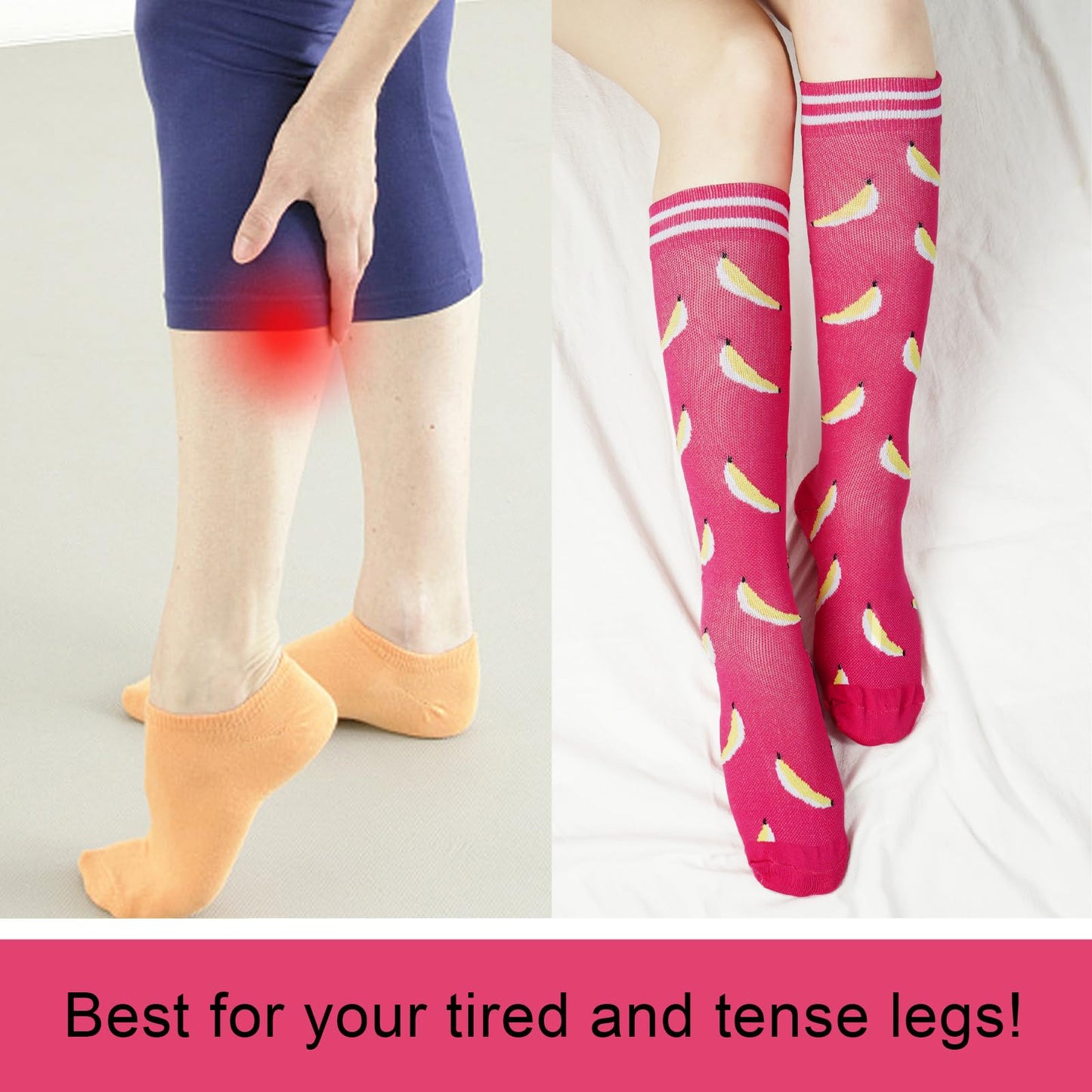 Junely Compression Socks for Women Food Knee High Stockings Banana Ice Cream Watermelon for Summer Running Athletic Nurses Pregnant Women Work Support Travel Flight Sports Gifts Pink Black