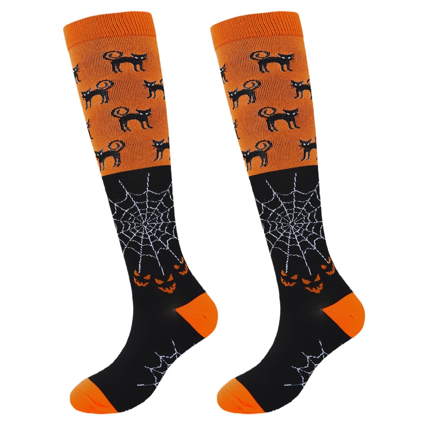 Junely Halloween Compression Socks for Women Knee High Cat Socks for Running Athletic Nurses Pregnant Women Work Support Travel Flight Sports Gifts Orange