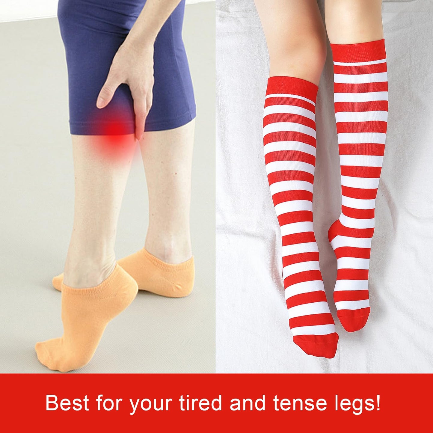 Junely Compression Socks for Women Striped Knee High Stockings for Christmas Halloween Running Athletic Nurses Pregnant Women Work Support Travel Flight Sports Gifts Red White