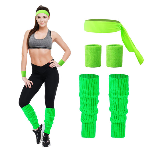 Junely 80s Accessories for Women Neon Leg Warmers Headband and Wristbands Set Knit Legwarmers for Ballet Dance Figure Skating Ice Skating Boot Green