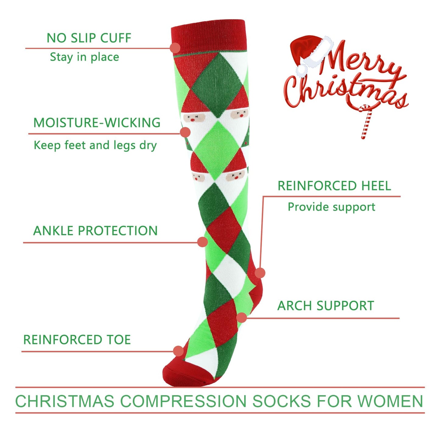 Junely Compression Socks for Women Christmas Knee High Stockings for Running Athletic Nurses Pregnant Women Work Support Travel Flight Sports Gifts Red Green