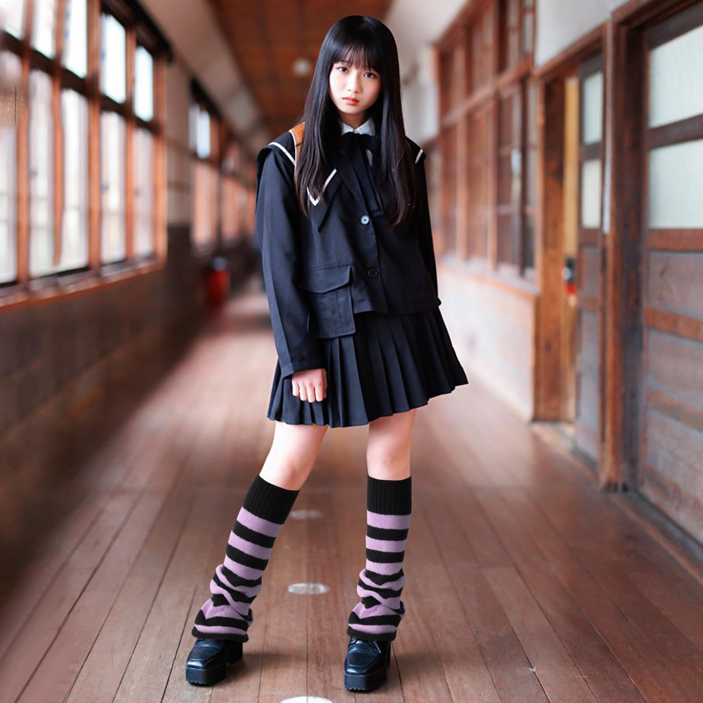 Junely Leg Warmers for Women Winter Kawaii Leg Warmer Cute Legwarmers Japanese Socks Halloween Goth Emo Lolita Gyaru Gothic Harajuku Accessories Black Purple