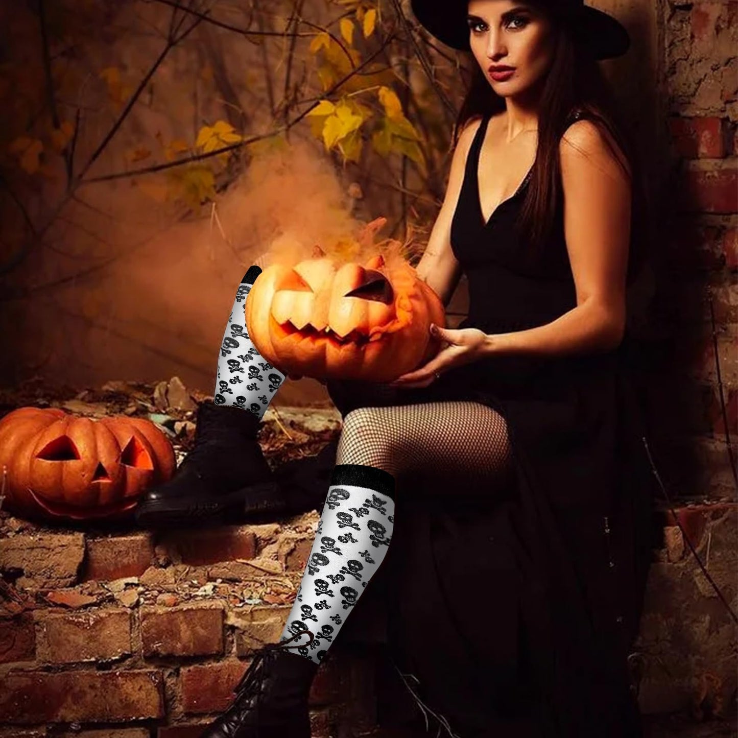 Junely Compression Socks for Women Skeleton Skull Knee High Stockings for Halloween Goth Running Athletic Nurses Pregnant Women Work Support Travel Flight Sports Gifts Black White