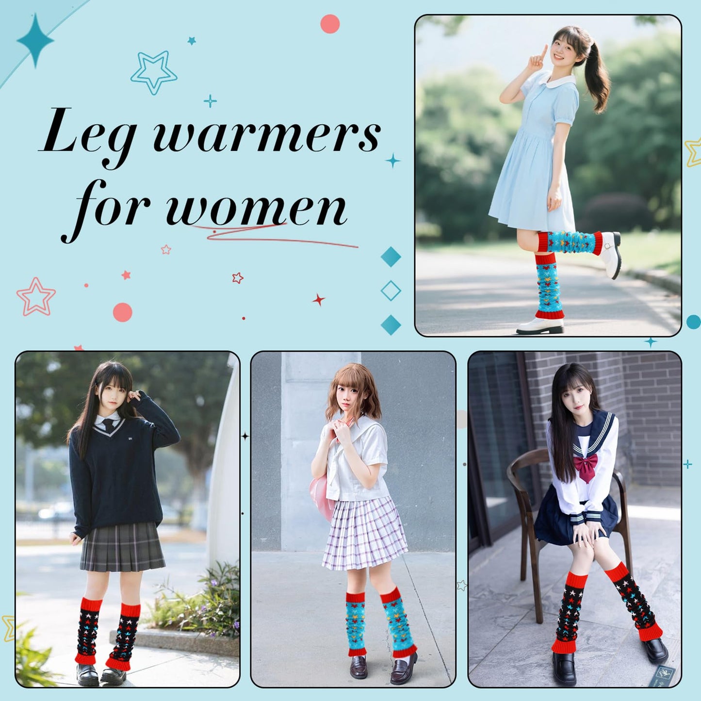 Junely Leg Warmers for Women Star Cute Leg Warmer Knit Legwarmers Kawaii Slouchy Grunge Emo Cutecore Japanese Harajuku Lolita Accessories Black Blue