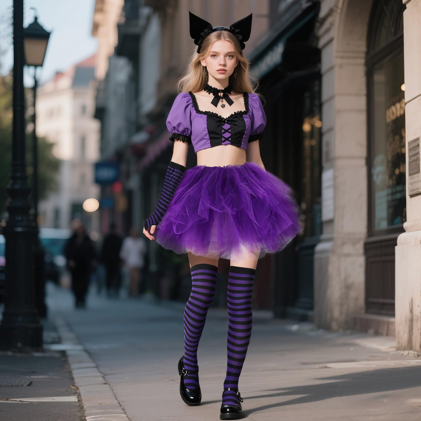 Junely Tutu for Women Adults Striped Thigh High Socks Fingerless Gloves Halloween Costumes Accessories Violet Black