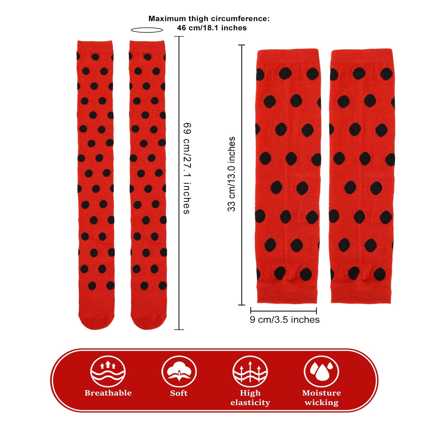 Junely Polka Dot Thigh High Socks Over the Knee Stockings Extra Long Halloween Cosplay Costume Accessories Gifts Red