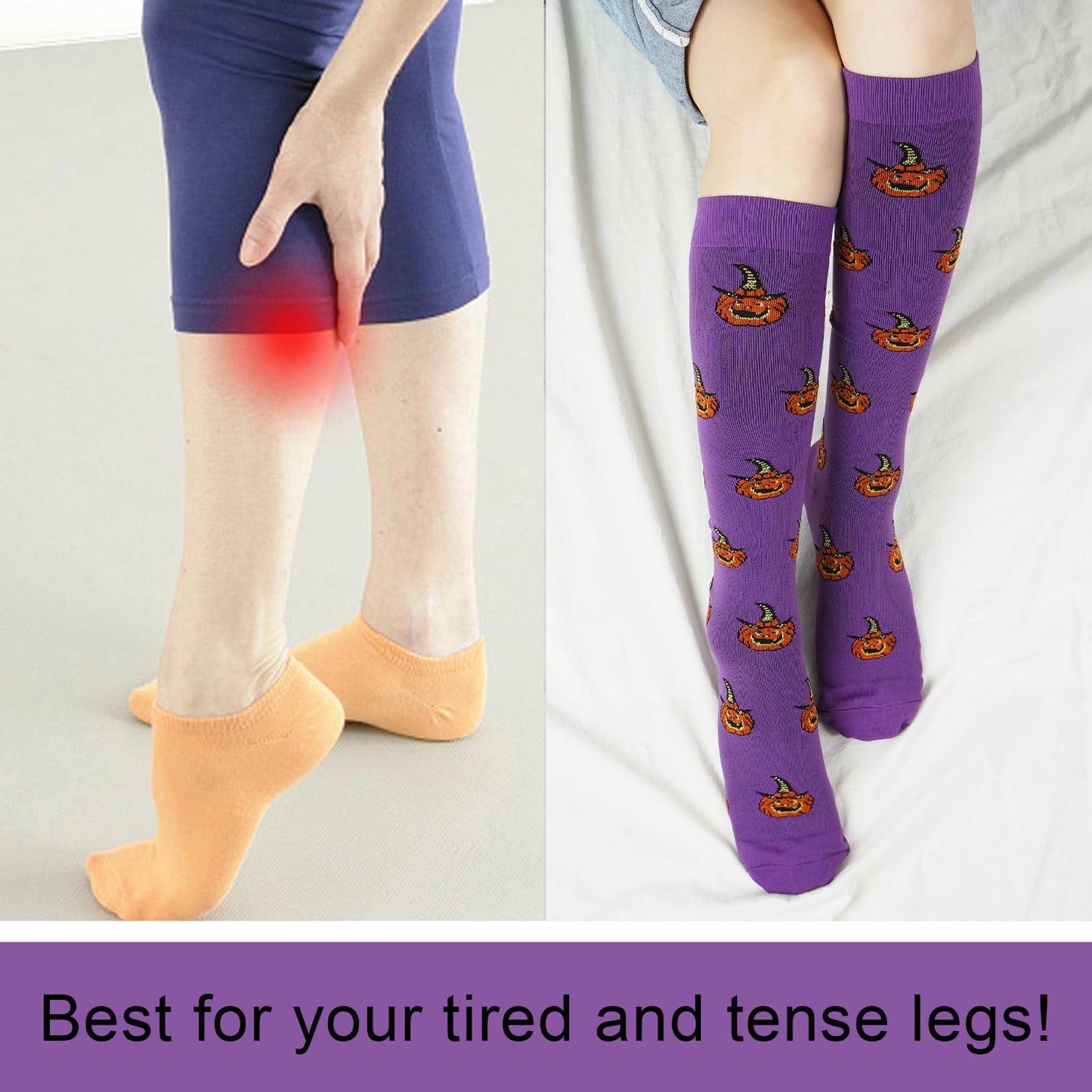Junely Halloween Compression Socks for Women Knee High Pumpkin Bat Socks for Running Athletic Nurses Pregnant Women Work Support Travel Flight Sports Gifts Orange Purple Black