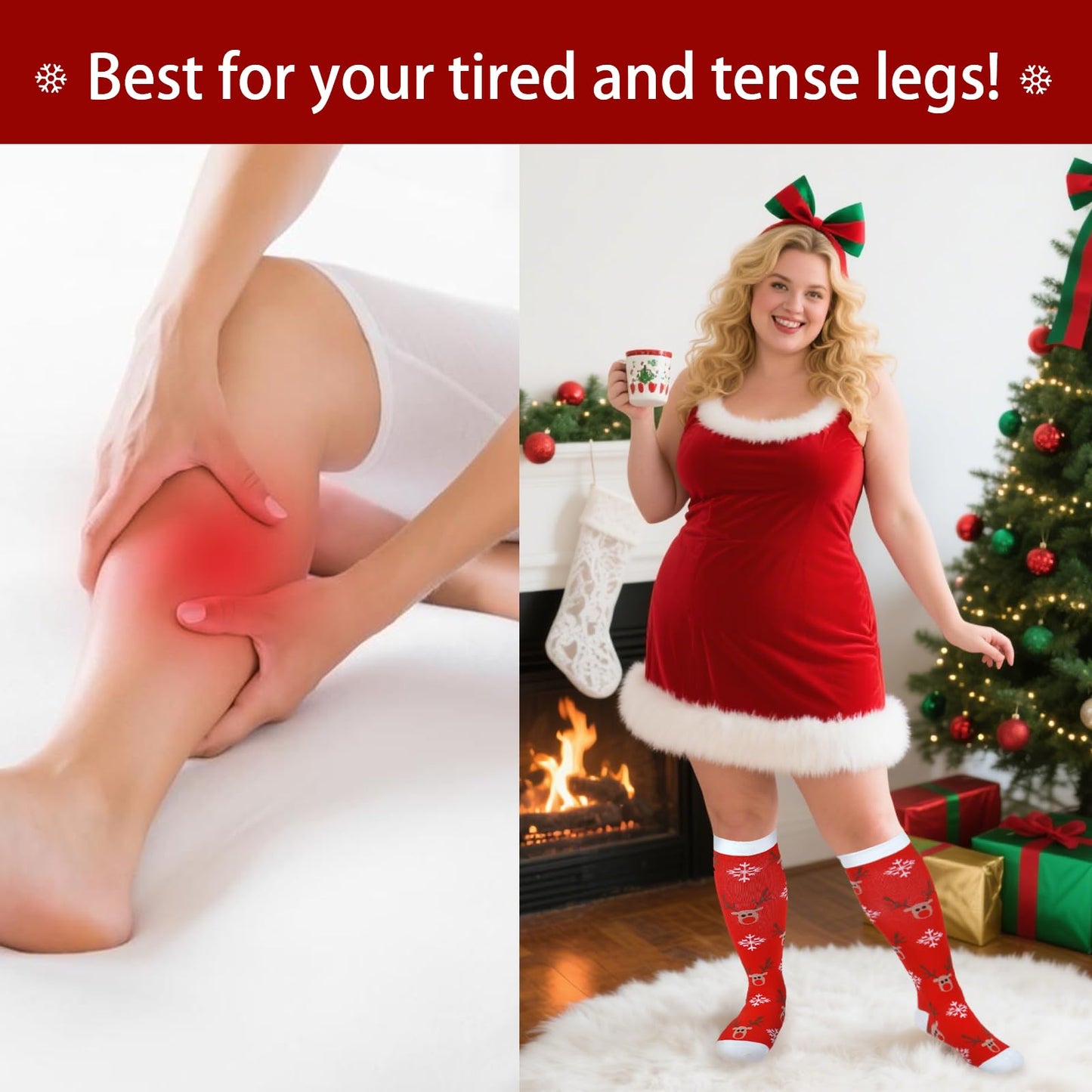 Junely Compression Socks for Women Wide Calf Knee High Christmas Stockings for Running Athletic Nurses Pregnant Women Work Support Travel Flight Sports Gifts Red