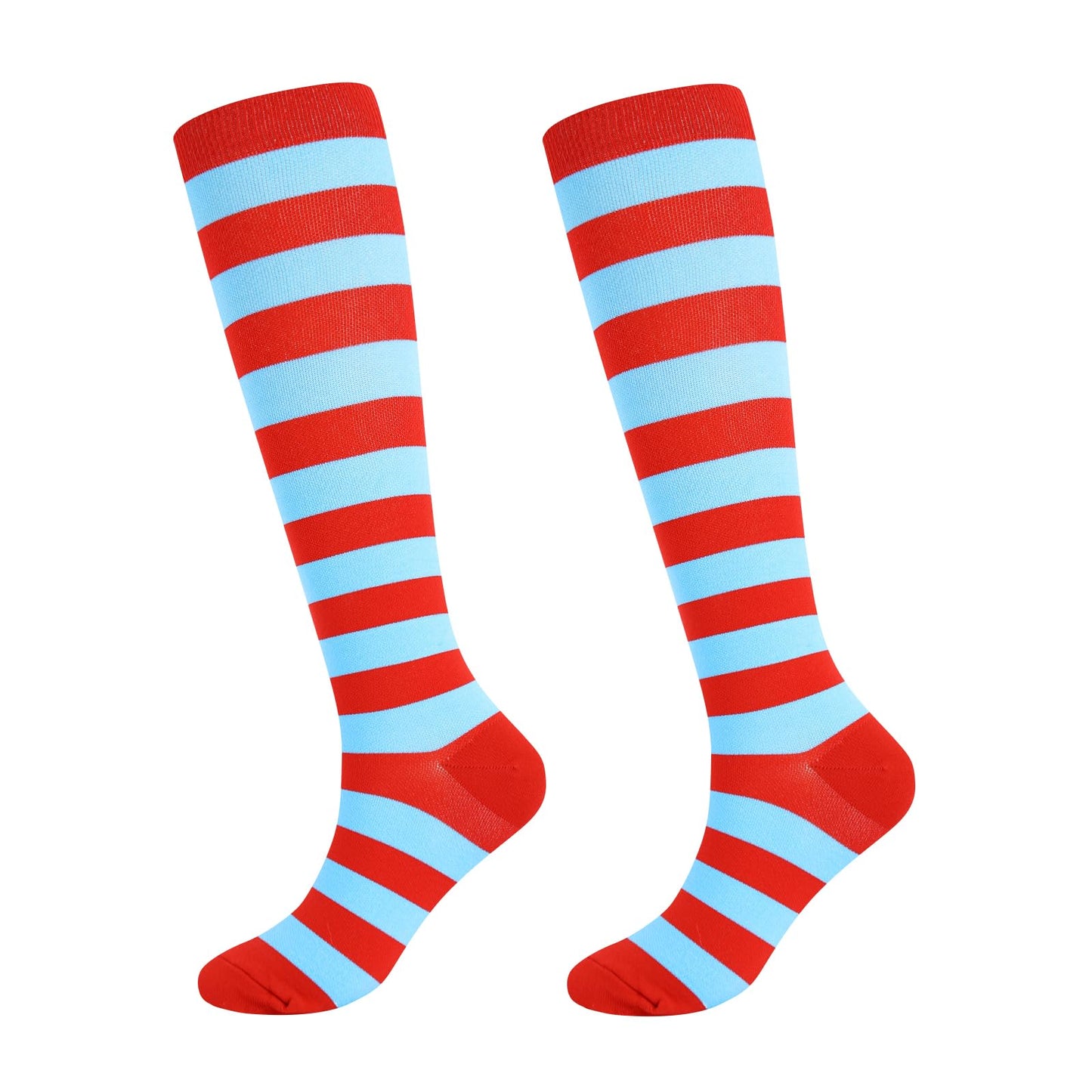 Junely Compression Socks for Women Striped Knee High Stockings for Halloween Running Athletic Nurses Pregnant Women Work Support Travel Flight Sports Gifts Red and Blue