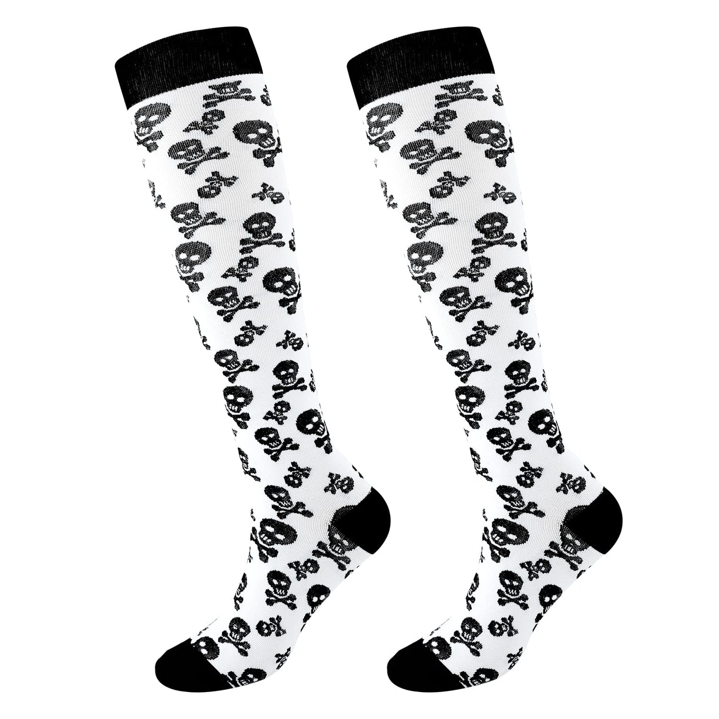 Junely Compression Socks for Women 20-30 mmhg Knee High Skull Socks for Halloween Running Athletic Nurses Pregnant Women Work Support Travel Flight Sports Gifts White