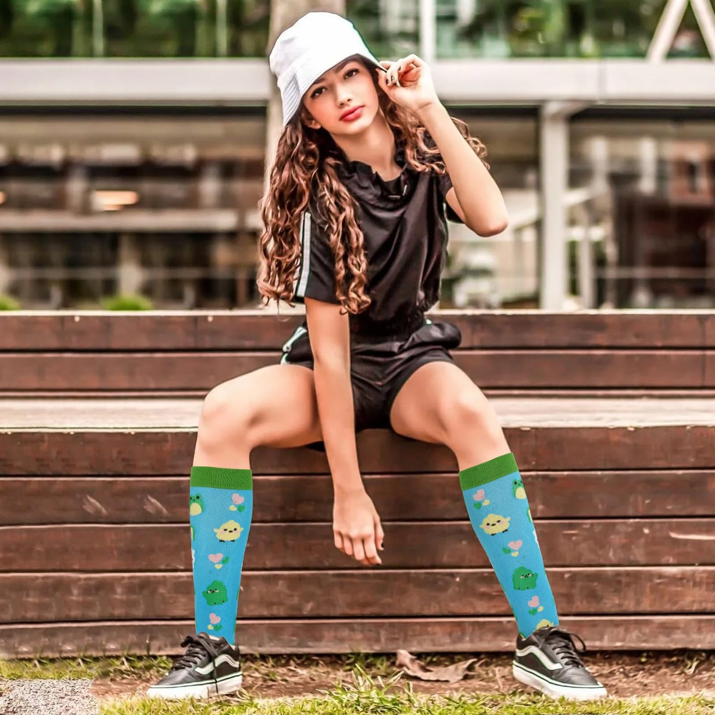 Junely Compression Socks for Women Animal Knee High Stockings for Running Nurses Support Travel Pregnancy Gifts Blue Pink Yellow