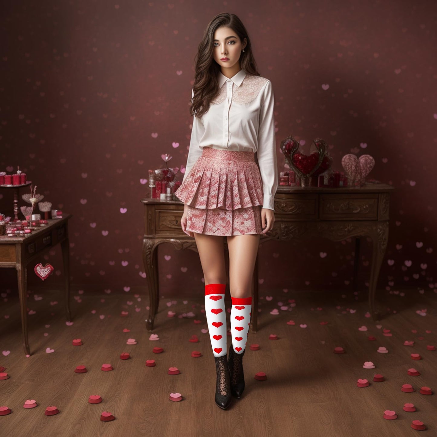 Junely Valentines Day Compression Socks for Women Knee High Heart Socks for Valentine Running Athletic Nurses Pregnant Women Work Support Travel Flight Sports Red White Black