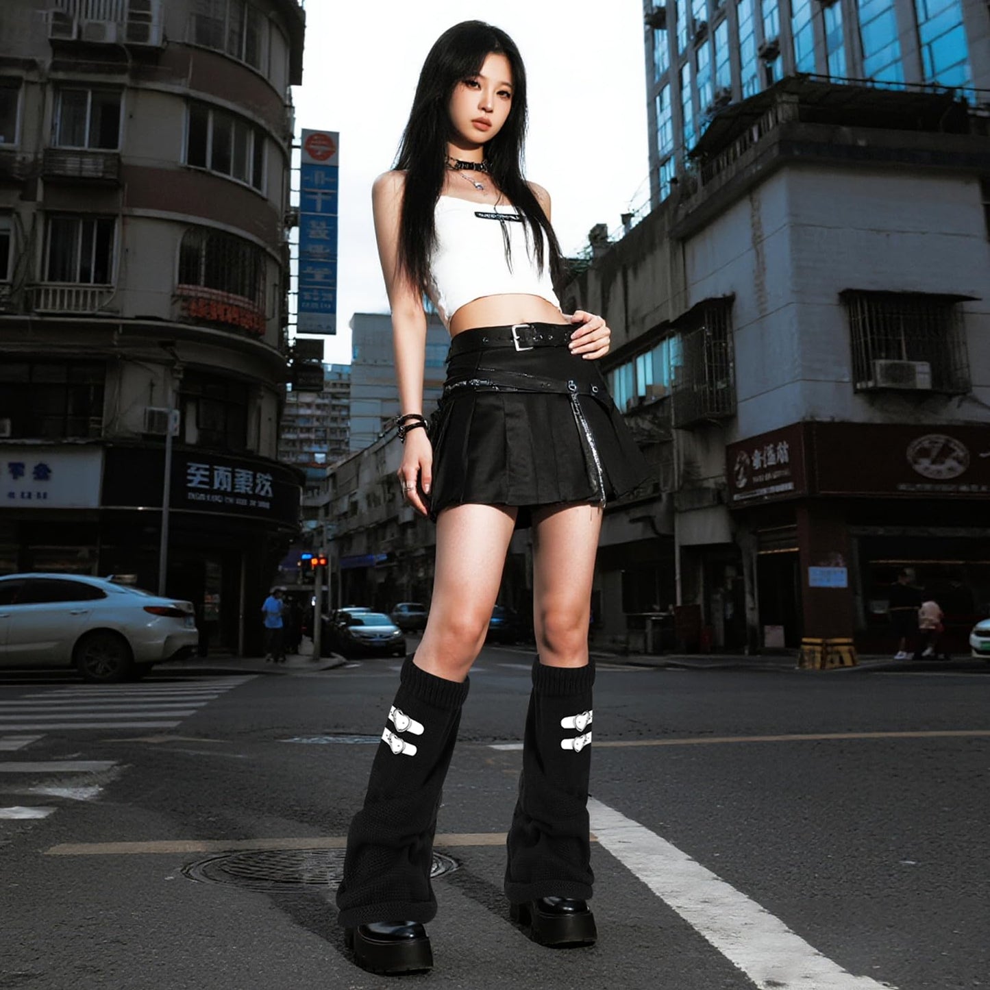 Junely Leg Warmers for Women Winter Kawaii Leg Warmer Cute Legwarmers with Adjustable Belt Buckle Japanese Socks Goth Emo Lolita Gyaru Gothic Harajuku Accessories Black Grey