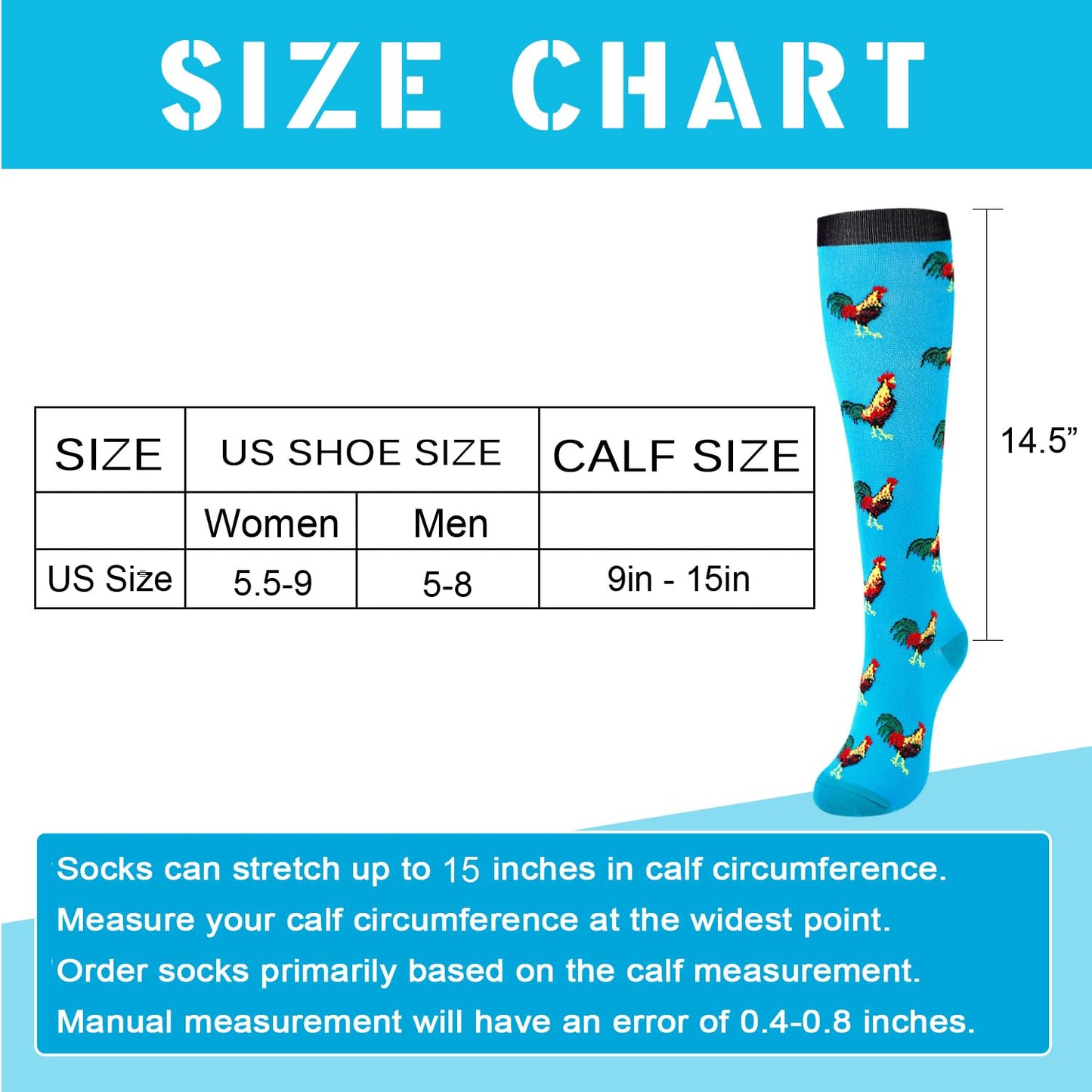 Junely Compression Socks for Women Chicken Rooster Knee High Stockings for Running Athletic Nurses Pregnant Women Work Support Travel Flight Sports Gifts Blue