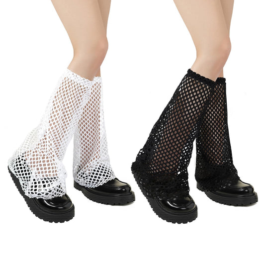 Junely 2 Pairs Leg Warmers for Women Kawaii Leg Warmer Cute Legwarmers Fishnet Cutecore Lolita Harajuku Gyaru Japanese Accessories Black White