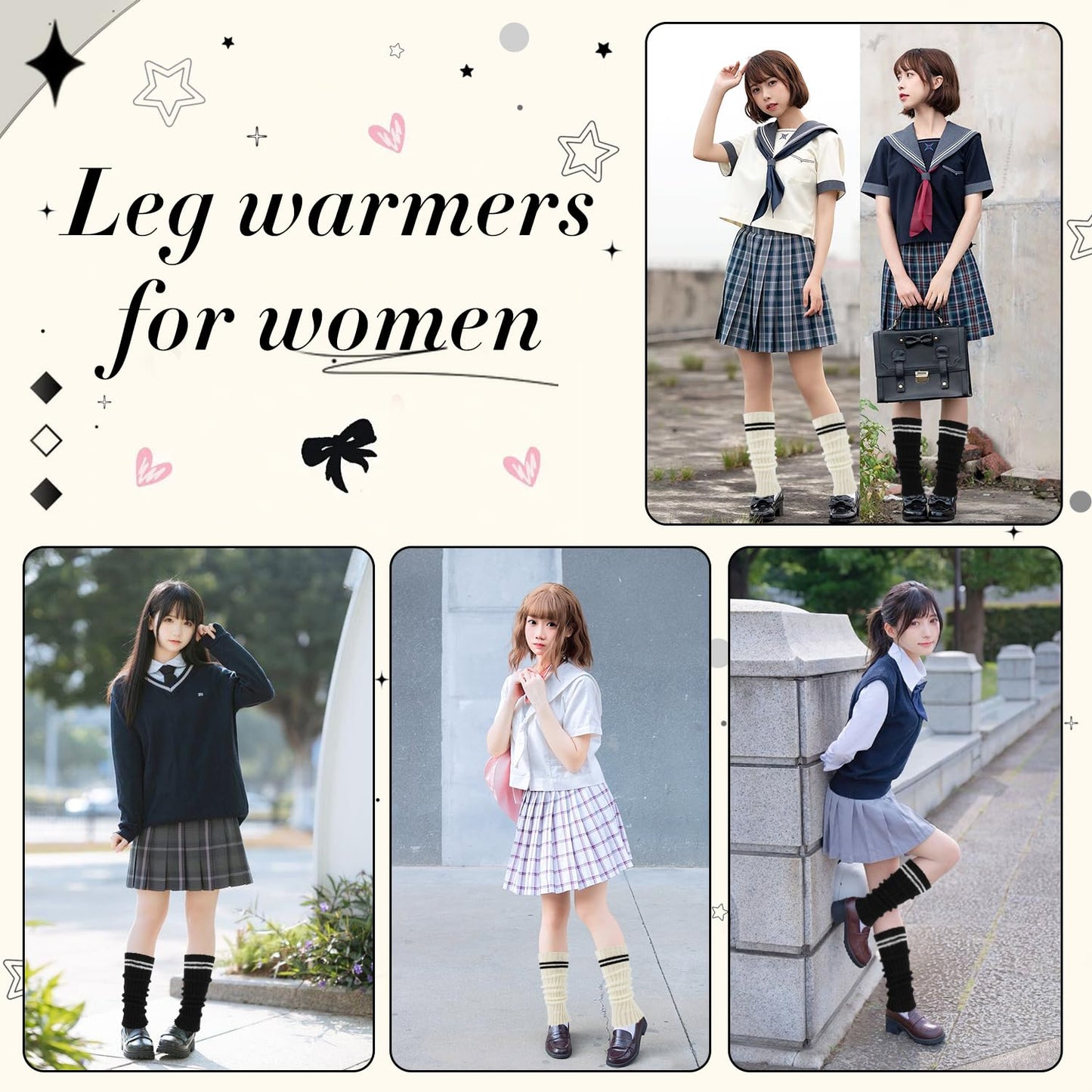Junely Leg Warmers for Women Cute Leg Warmer Knit Legwarmers Kawaii Slouchy Grunge Emo Cutecore Japanese Harajuku Lolita Accessories Black White
