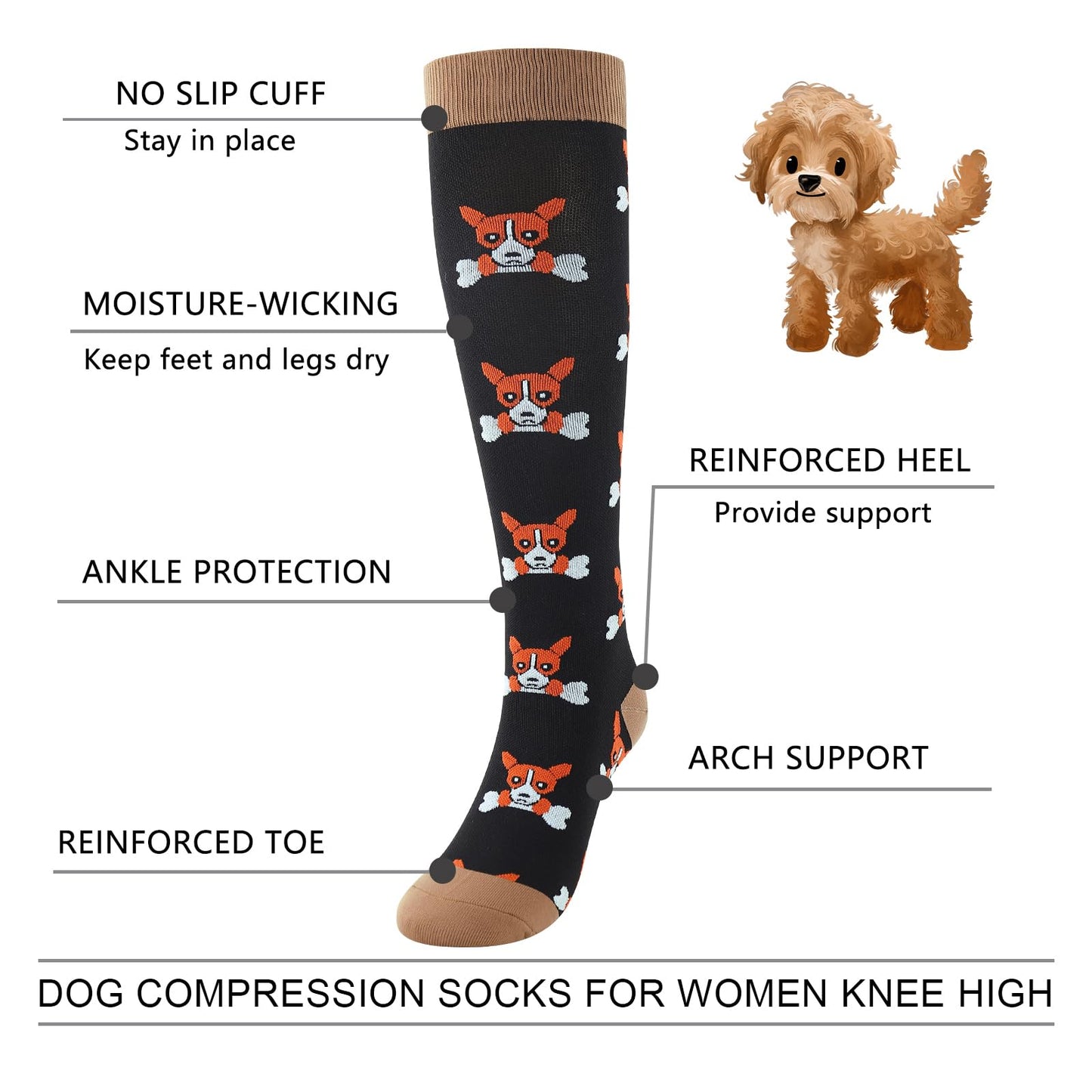 Junely Compression Socks for Women Dog Knee High Stockings for Running Athletic Nurses Pregnant Women Work Support Travel Flight Sports Gifts Black