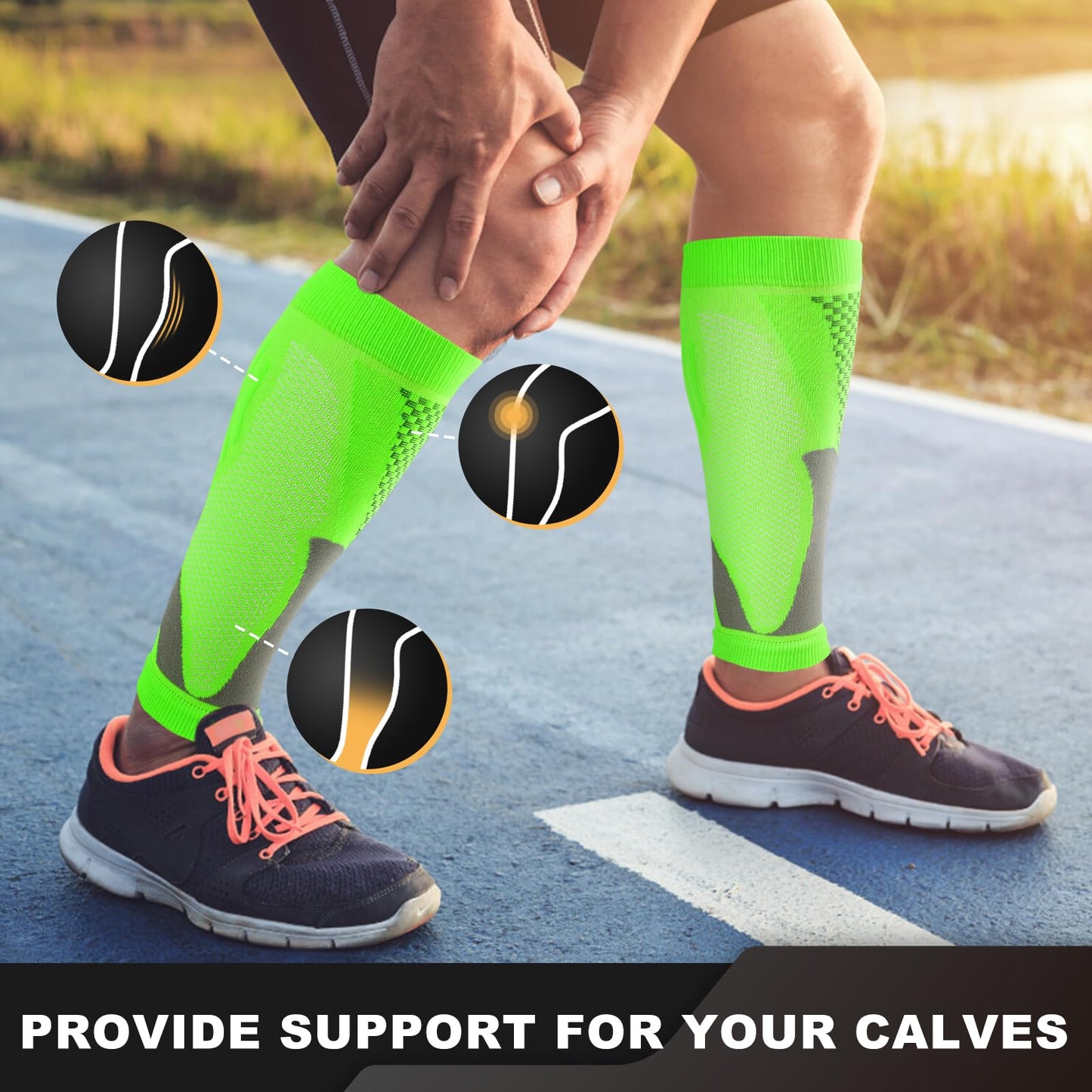 Junely 3 Pairs Calf Compression Sleeve for Men and Women Leg Compression Sleeve for Support Sports Running Cycling Green Orange Grey