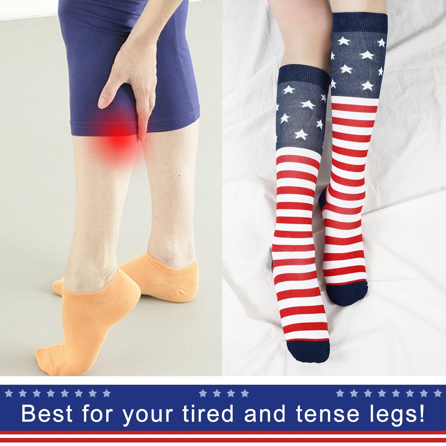 Junely Compression Socks for Women American flag Knee High Stockings for 4th of July Running Athletic Nurses Pregnant Women Work Support Travel Flight Sports Gifts Red White Blue